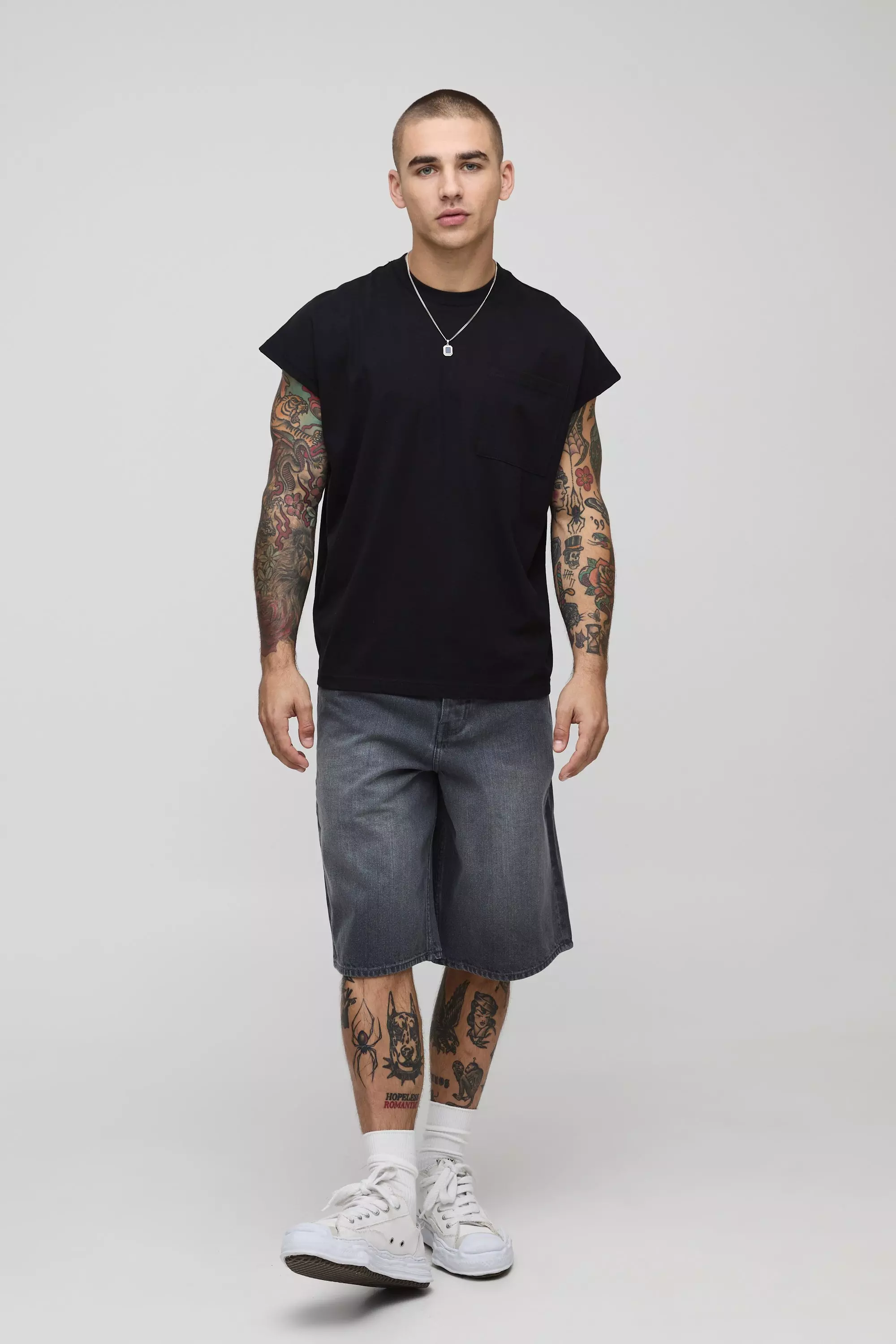Black Oversized Dikke Boxy Drop Shoulder Tank Top alternatieve afbeelding