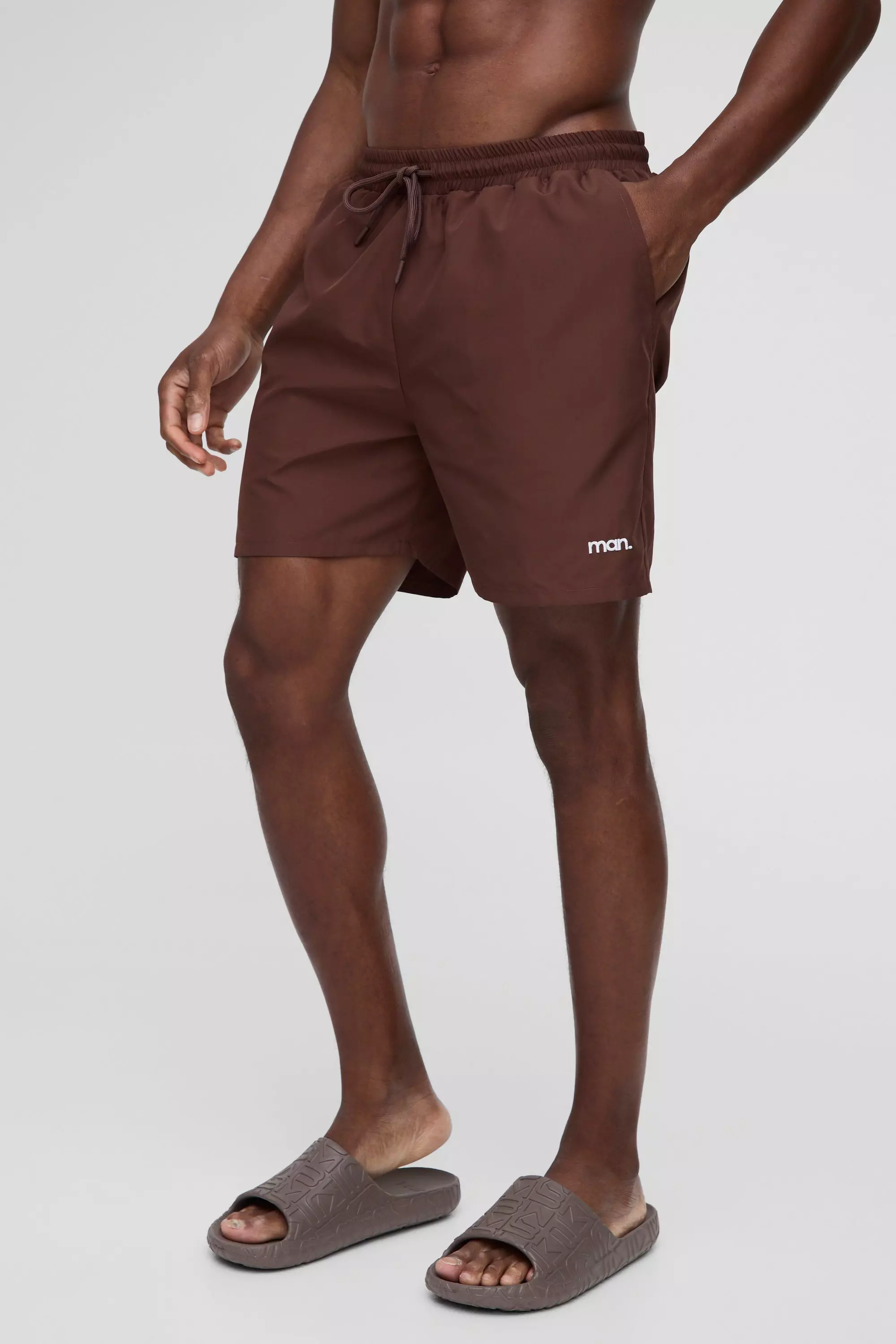 Chocolate Mid Length Branded Swim Trunks alternative image
