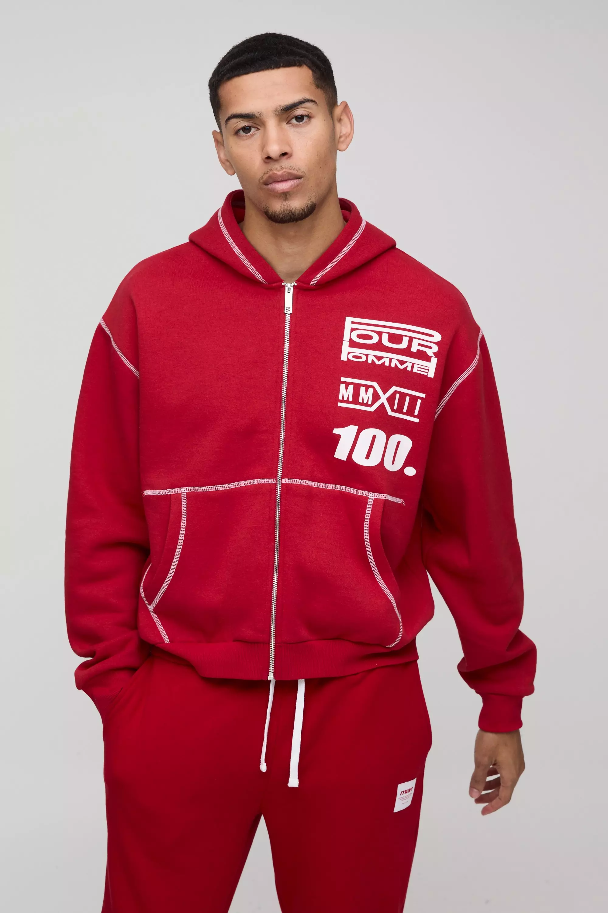 Oversized Boxy Moto Zip Through Hoodie Red