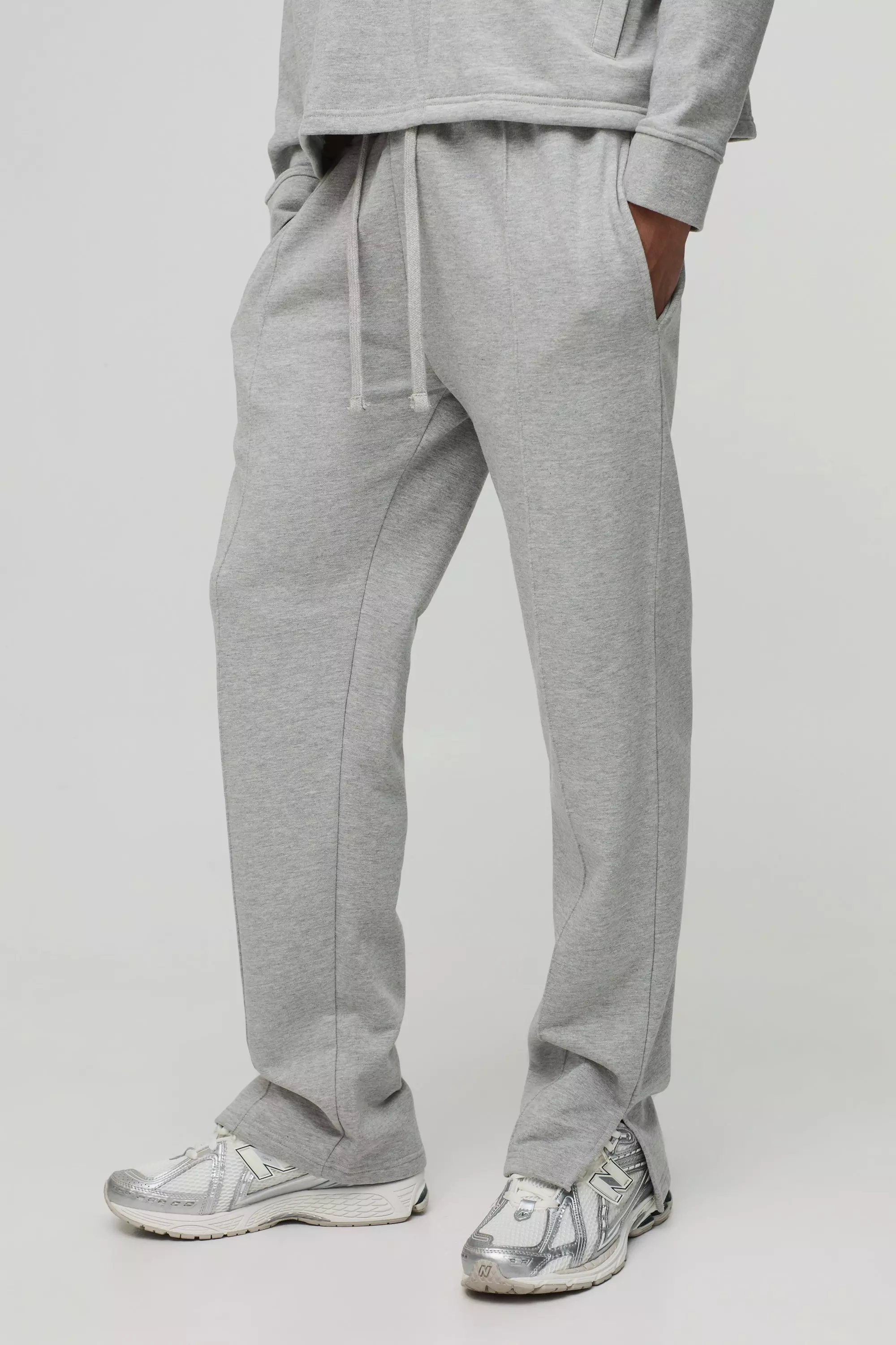 Grey Regular Fit Tonal Embroidered Split Hem Sweatpants