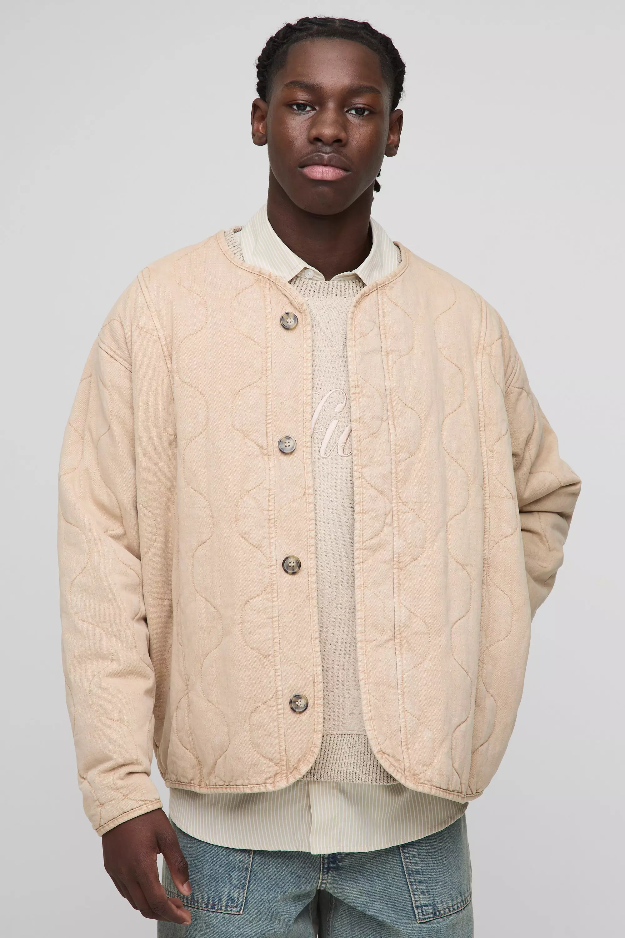 Oversized Washed Twill Quilted Collarless Bomber Jacket Stone