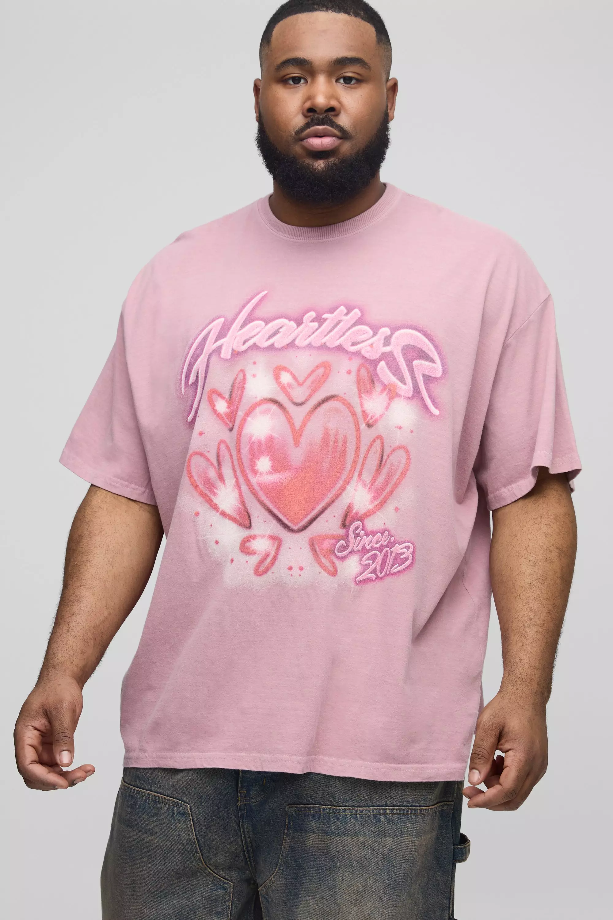 Plus Oversized Washed Heartless Airbrush Graphic T-Shirt Pink