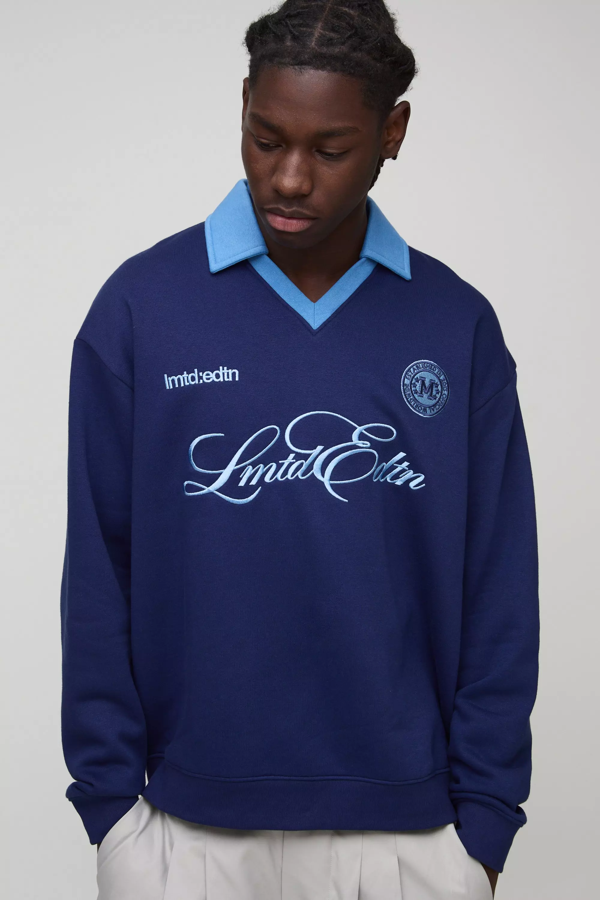 Navy Oversized V Neck Embroidered Sweatshirt Polo alternative image