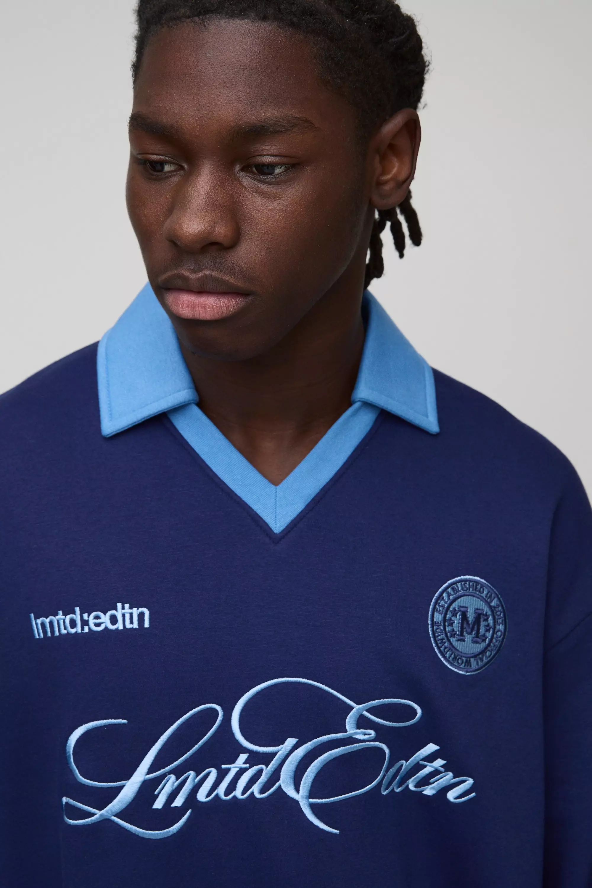 Navy Oversized V Neck Embroidered Sweatshirt Polo alternative image