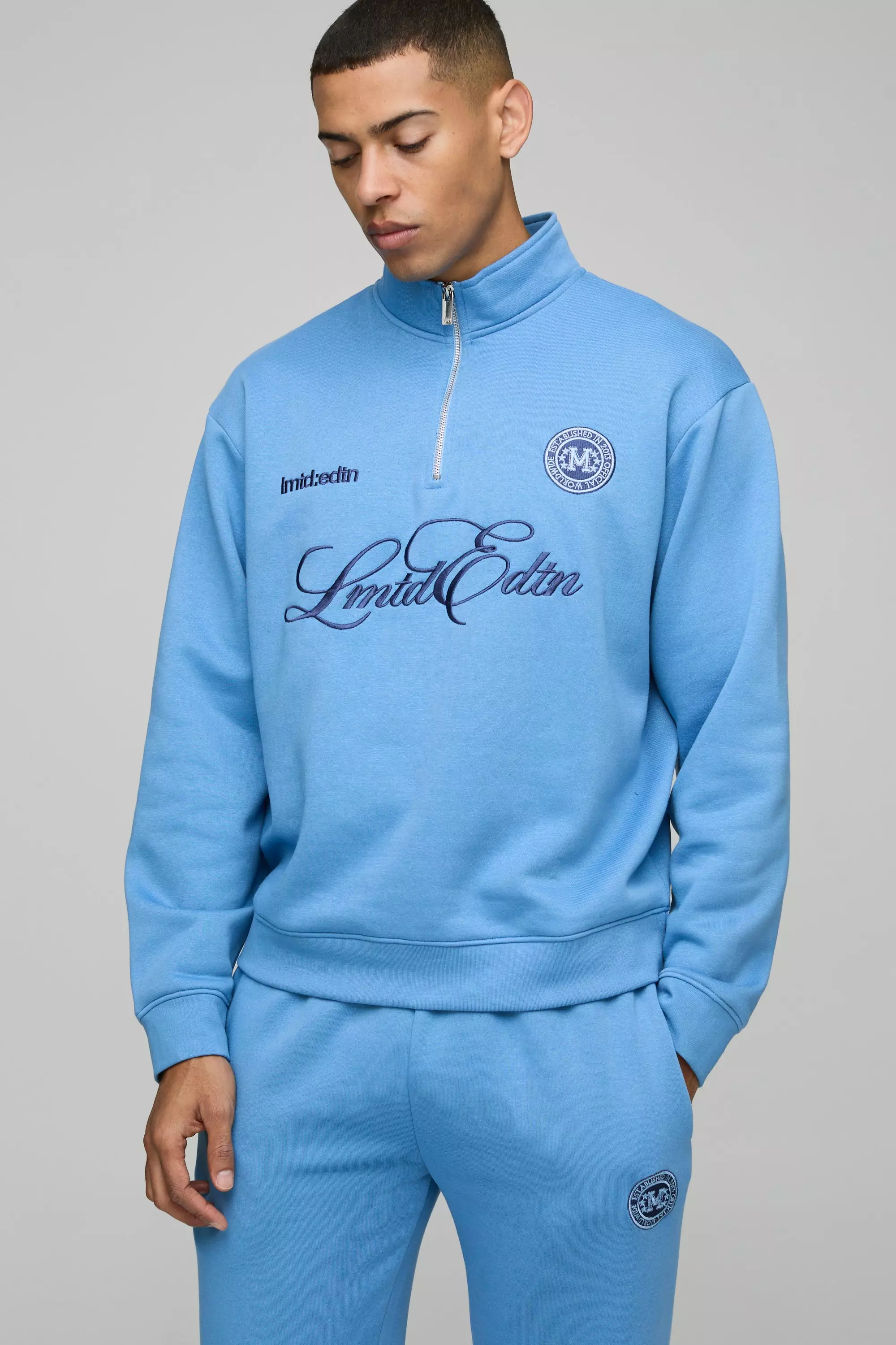 Blue Oversized Boxy Quarter Zip Embroidered Tracksuit alternative image