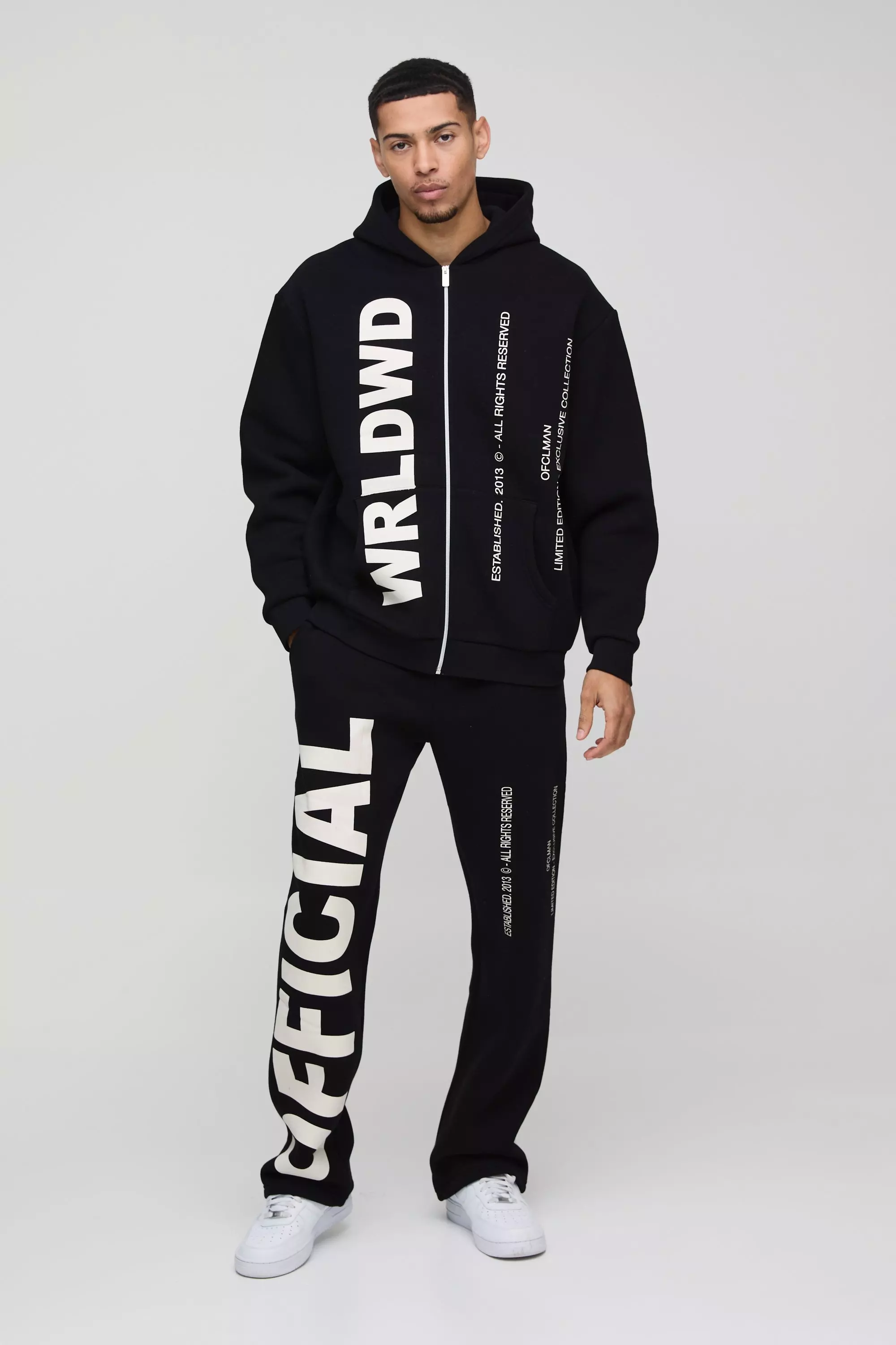 Black Oversized Worldwide Official Text Print Zip Through Tracksuit