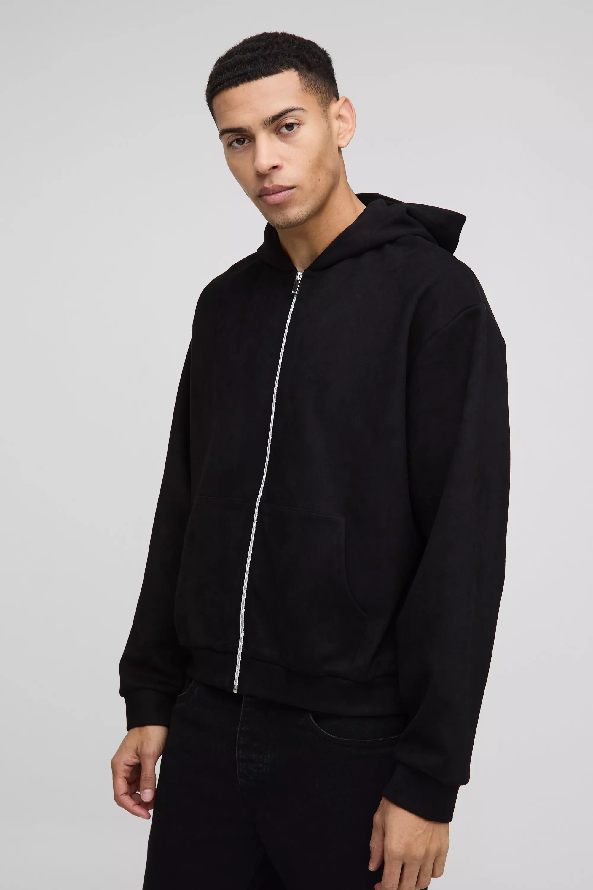 Black Oversized Boxy Zip Through Faux Suede Hoodie alternative image