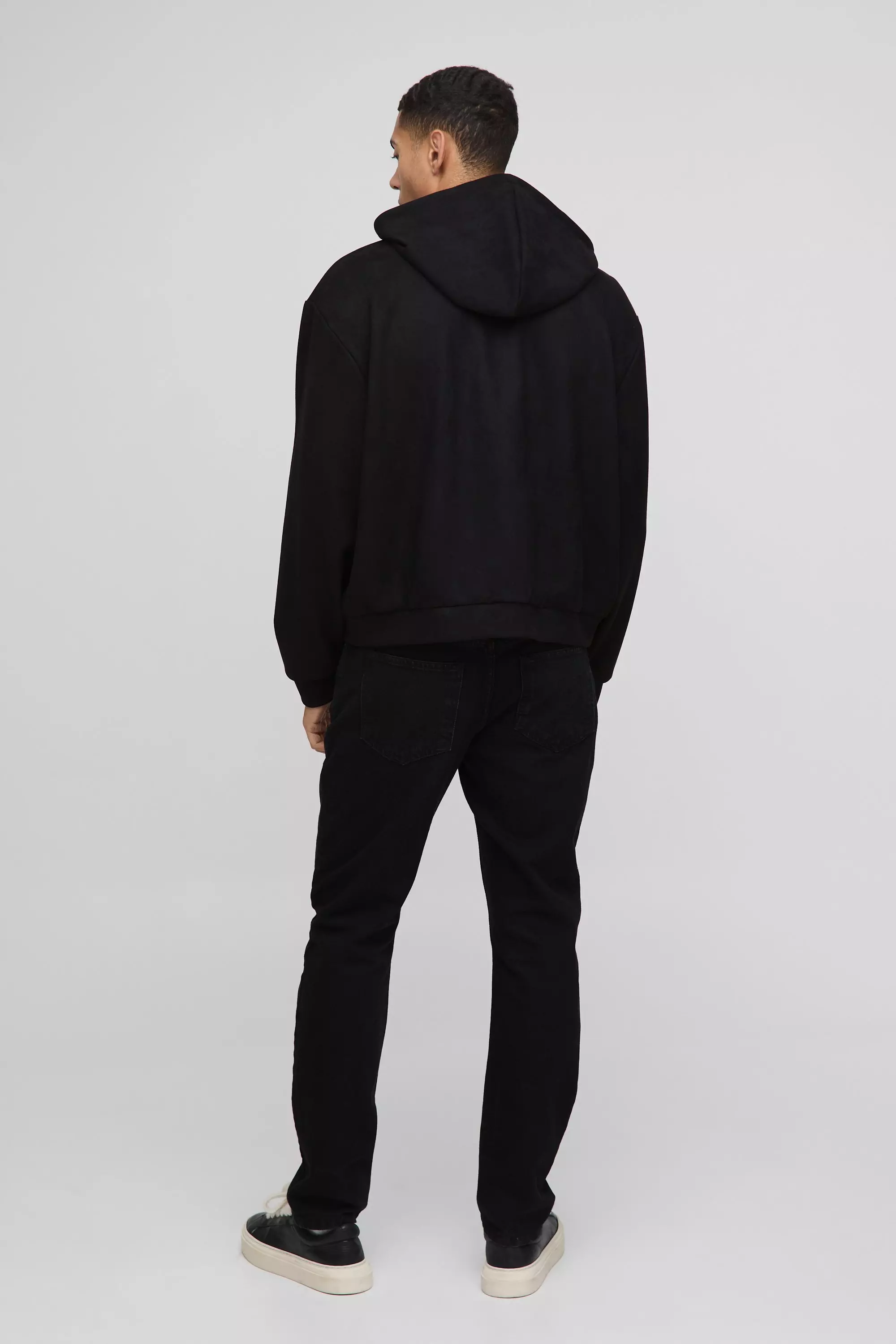 Black Oversized Boxy Zip Through Faux Suede Hoodie alternative image