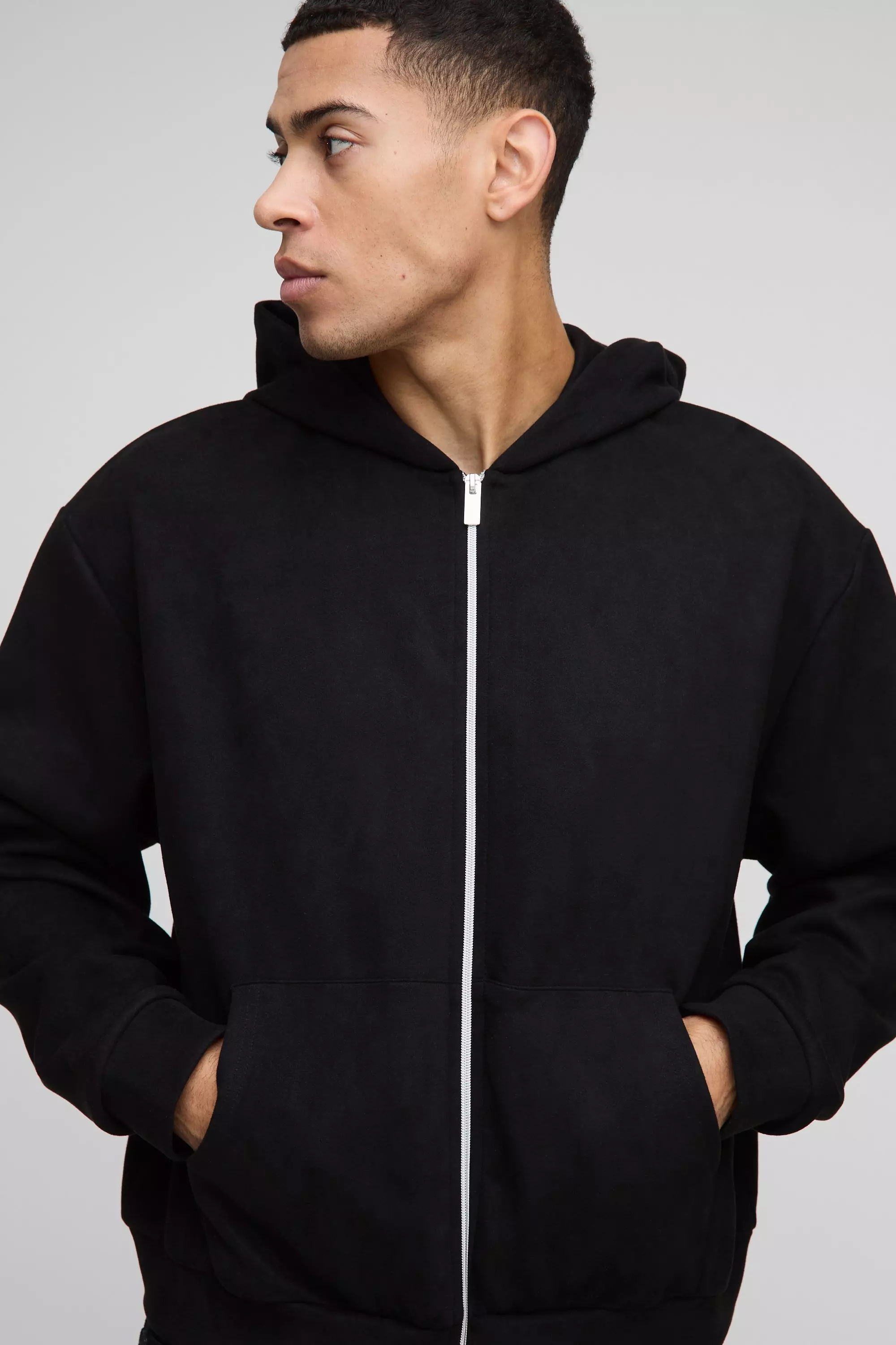 Black Oversized Boxy Zip Through Faux Suede Hoodie alternative image