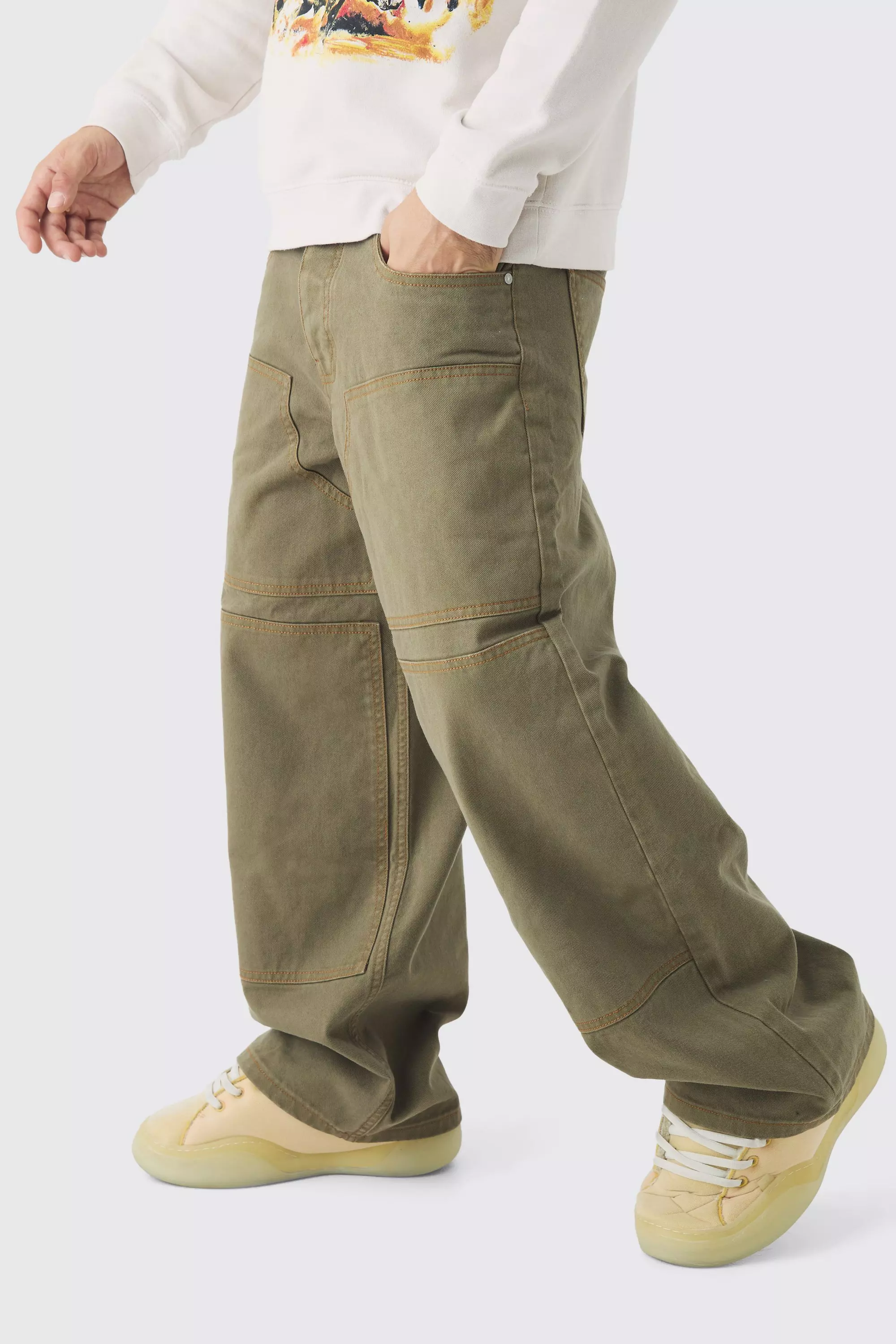Baggy Twill Contrast Stitch Carpenter Trousers Khaki