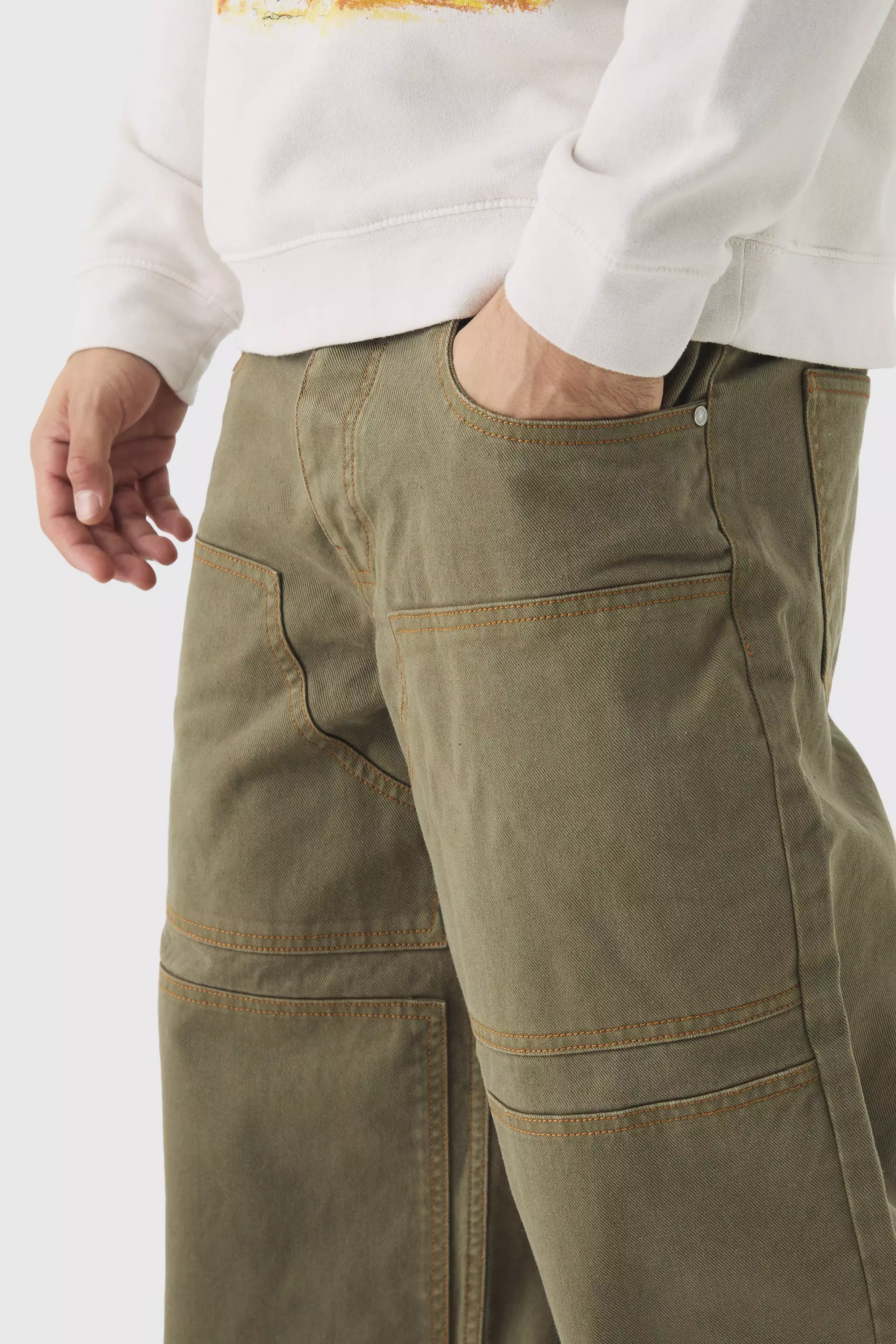 Baggy Twill Contrast Stitch Carpenter Trousers | boohooMAN USA