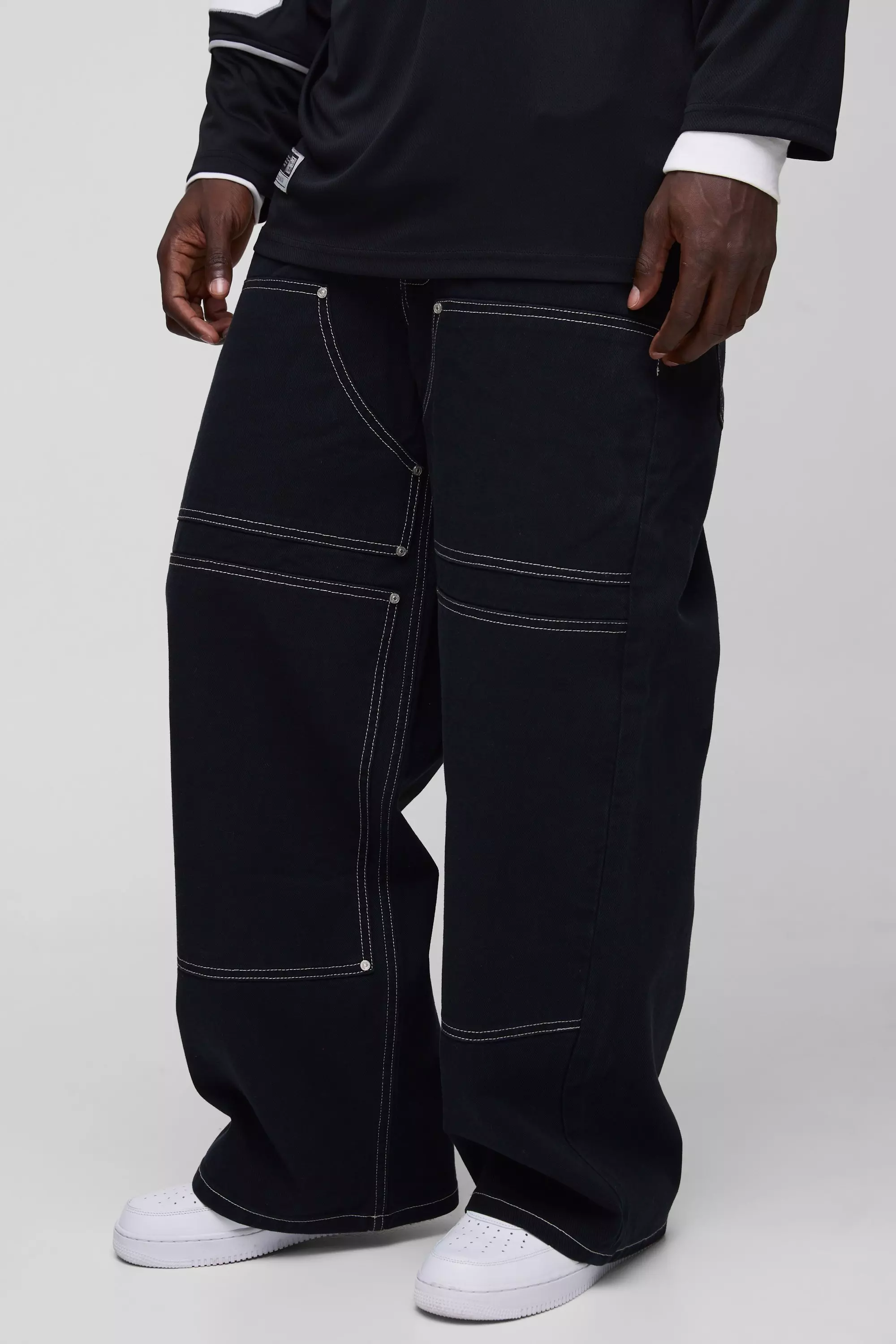Baggy Twill Contrast Stitch Carpenter Trousers Black