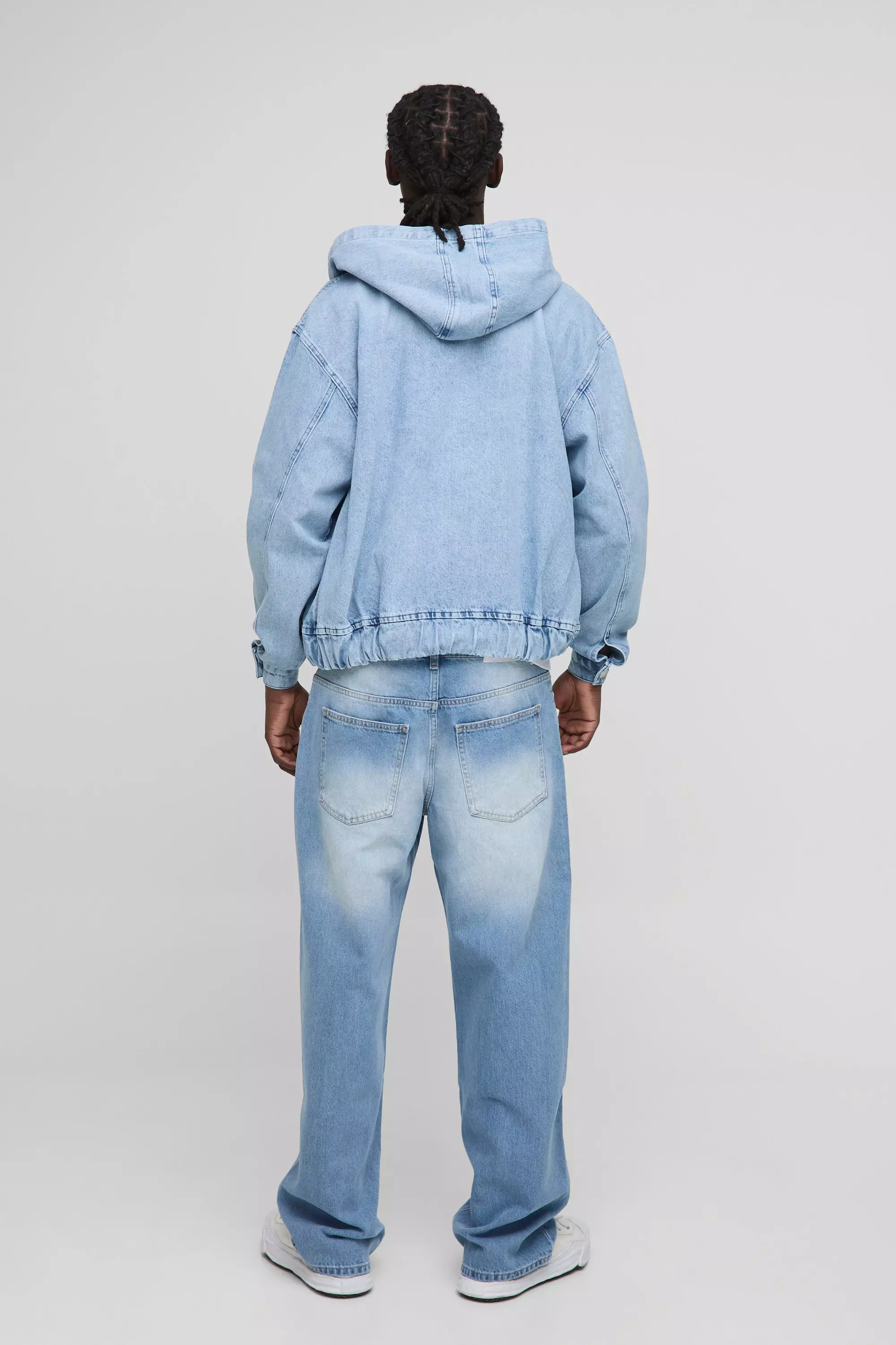 Oversized Boxy Light Blue Washed Denim Hoodie | boohooMAN USA