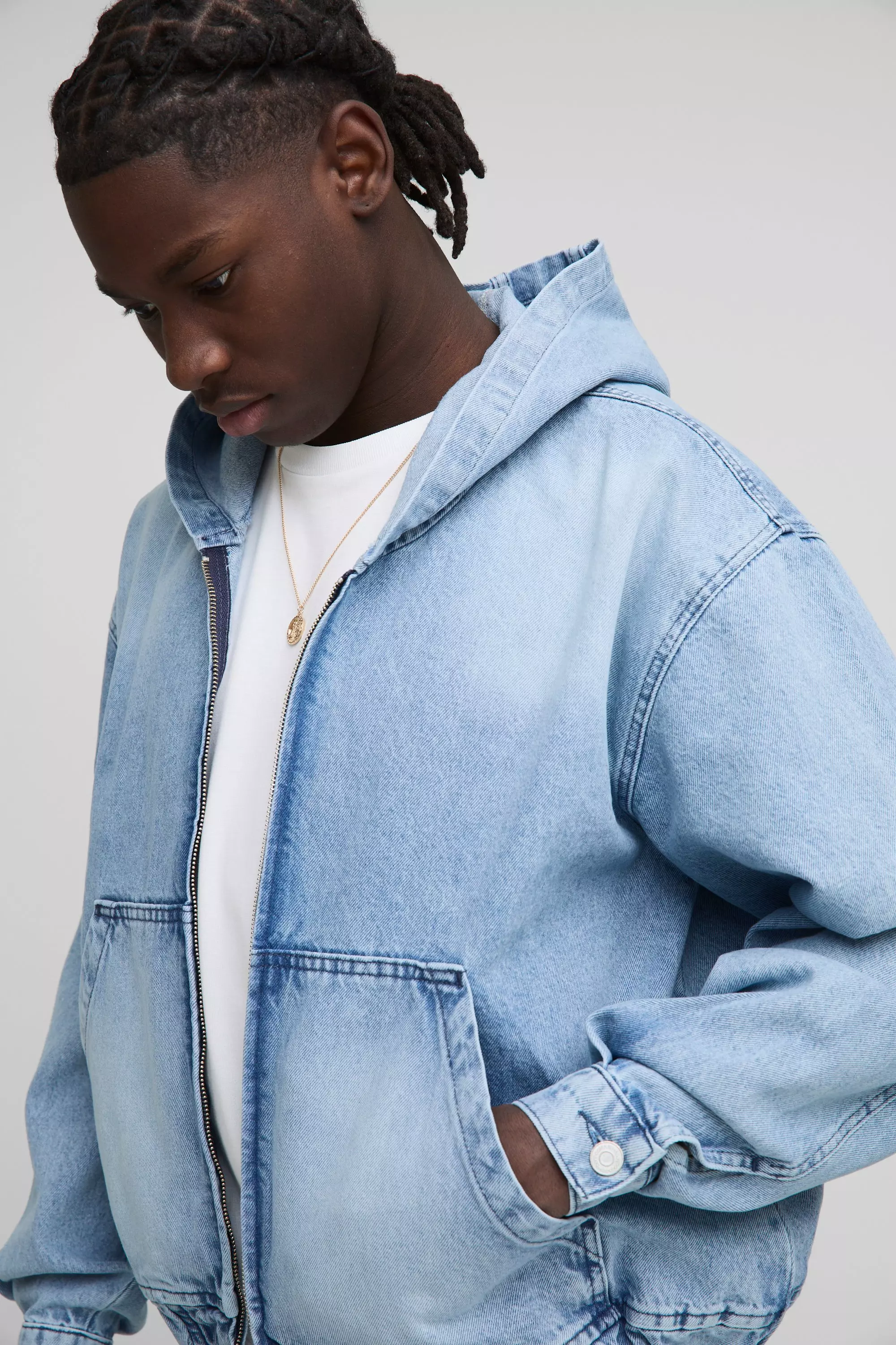 Oversized Boxy Light Blue Washed Denim Hoodie | boohooMAN USA