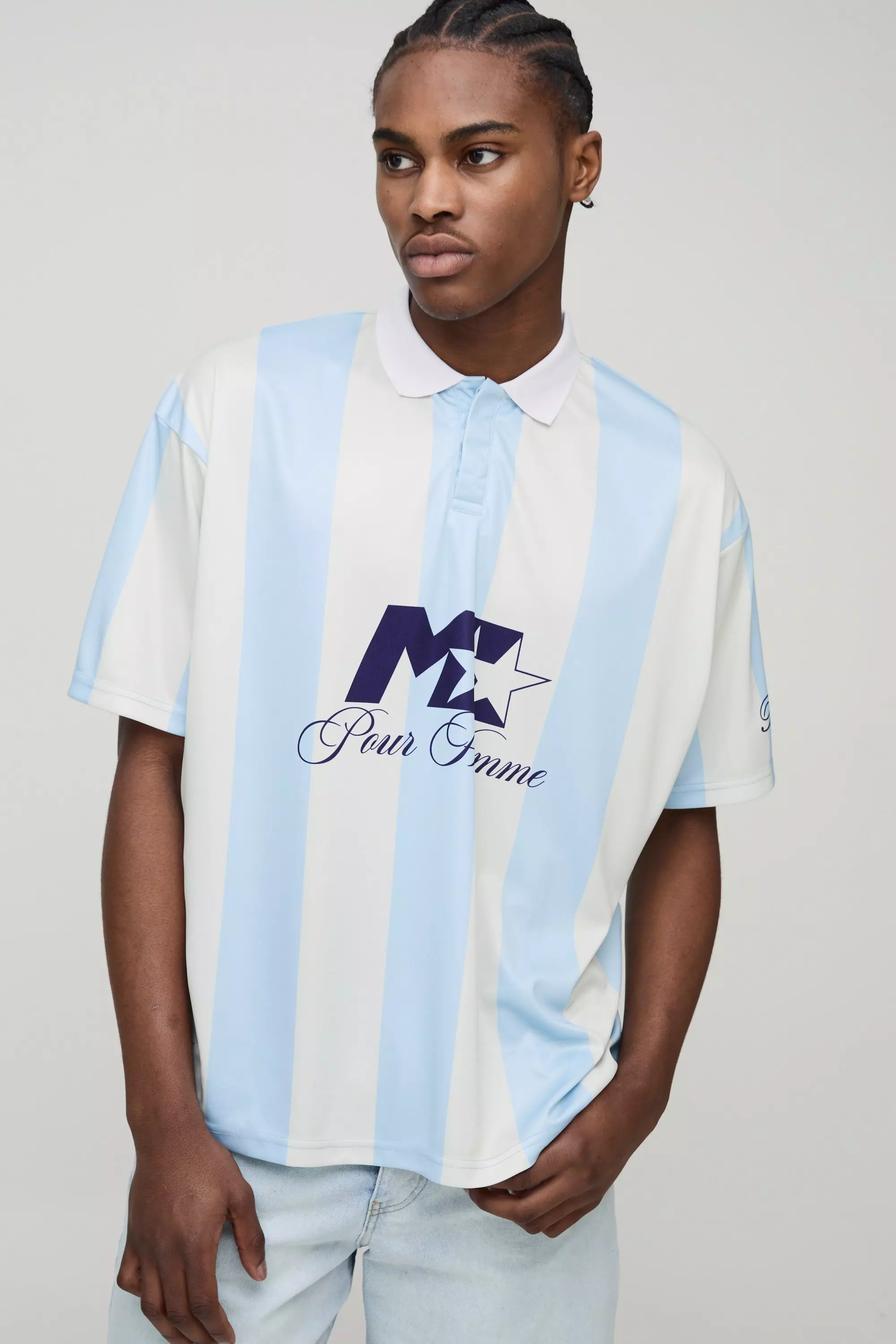 Light blue Oversized Homme Collared Stripe Sports Top alternative image