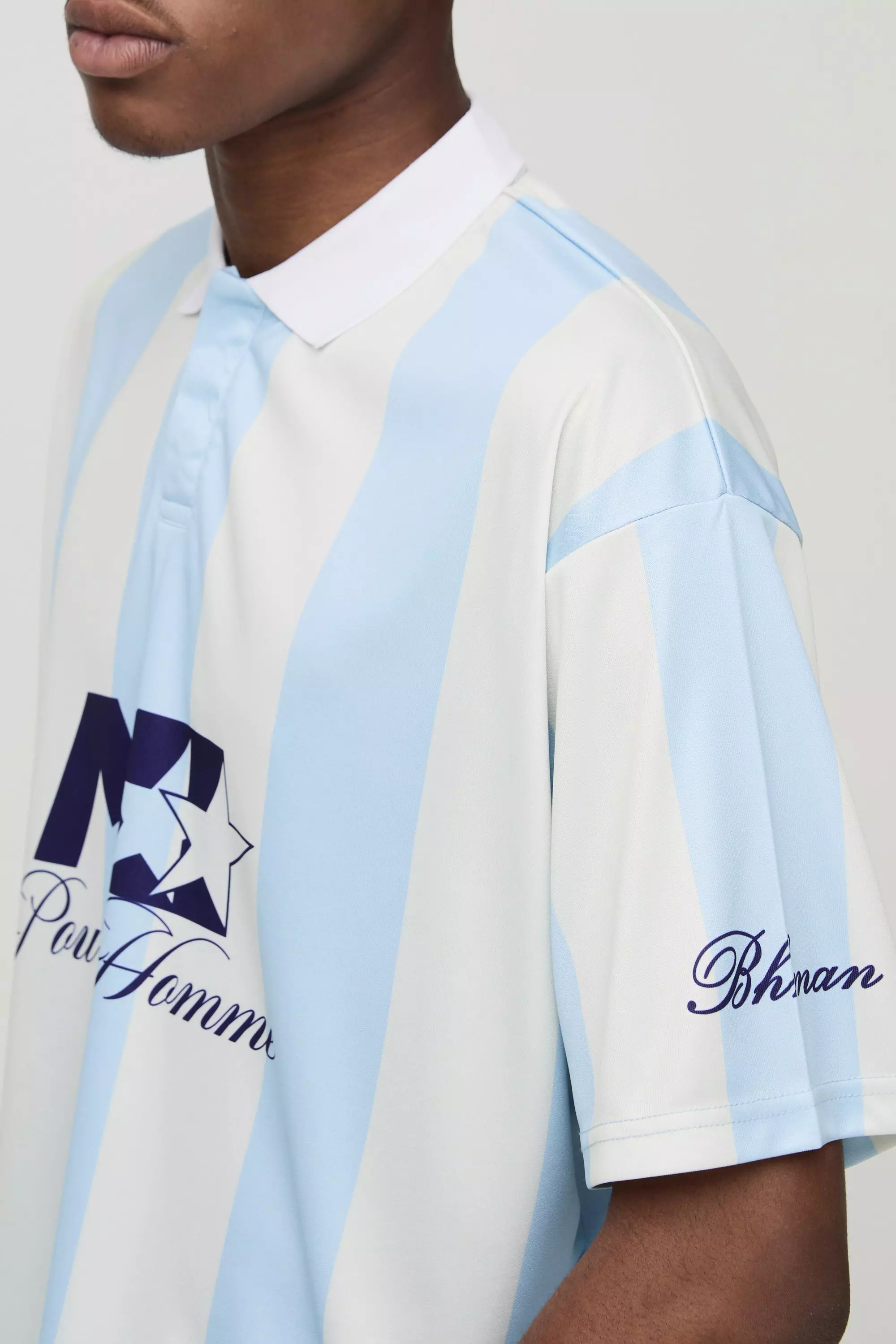Light blue Oversized Homme Collared Stripe Sports Top alternative image