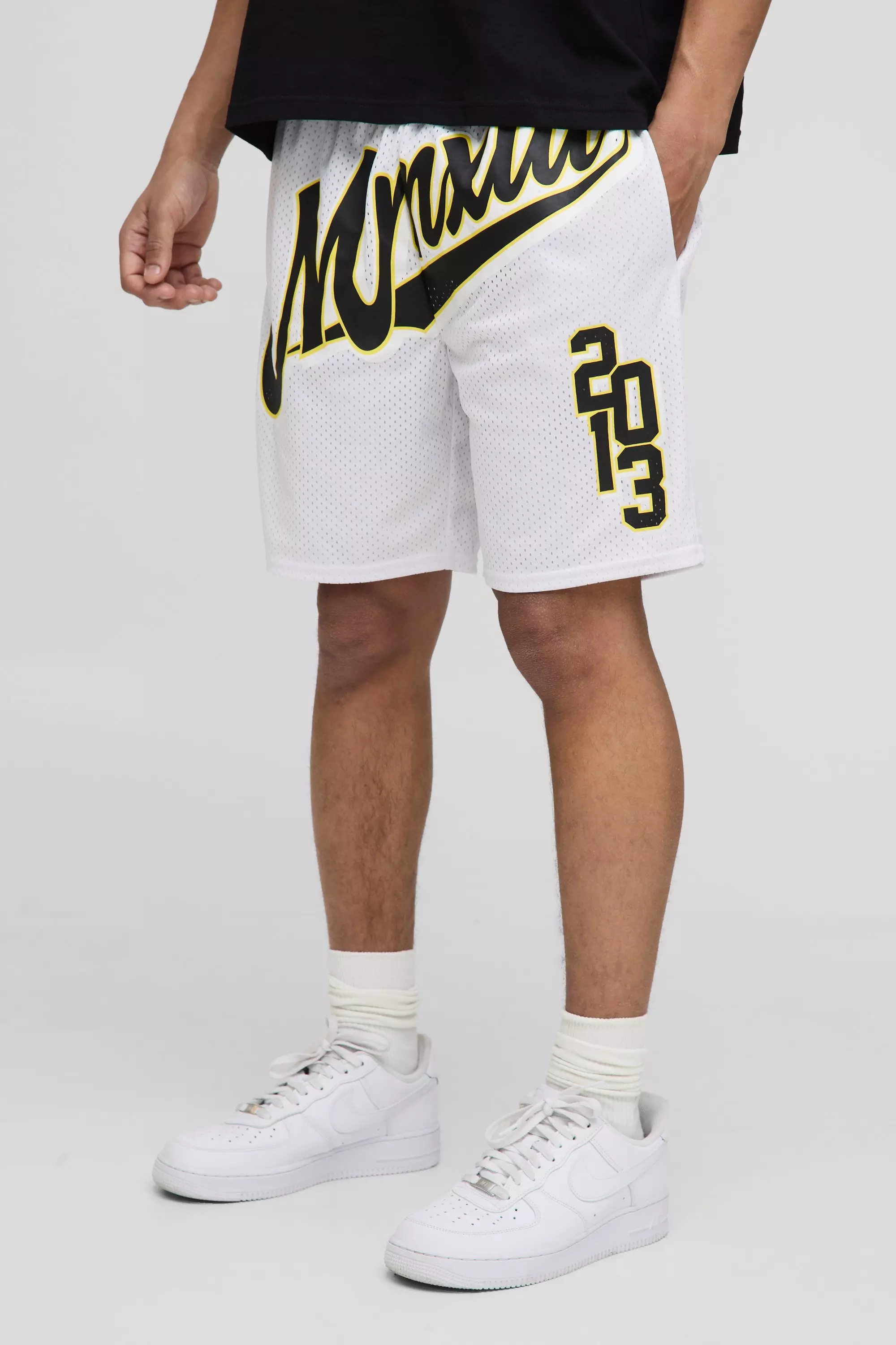 Short de basket universitaire mi-long en mesh, Ecru autre image