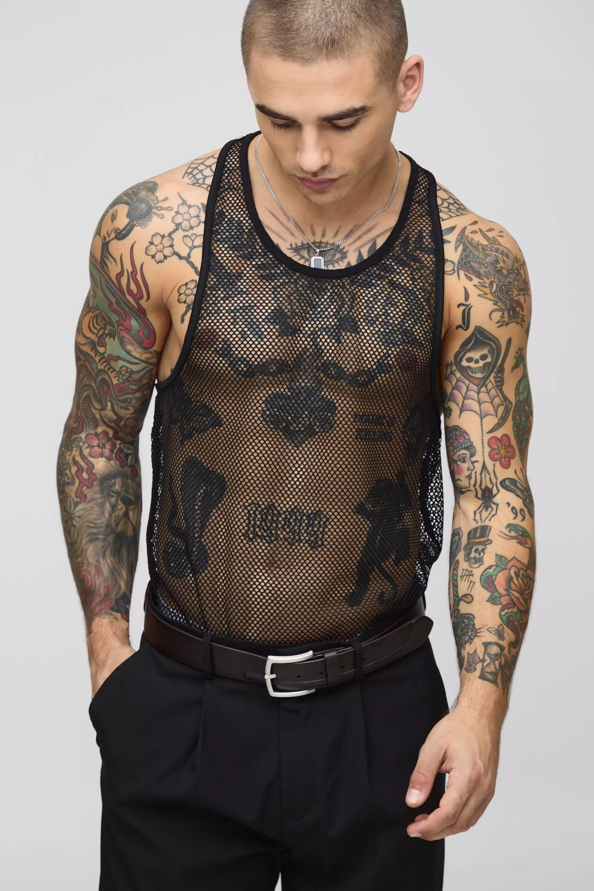 Black Mesh Long Line Hemd alternatieve afbeelding