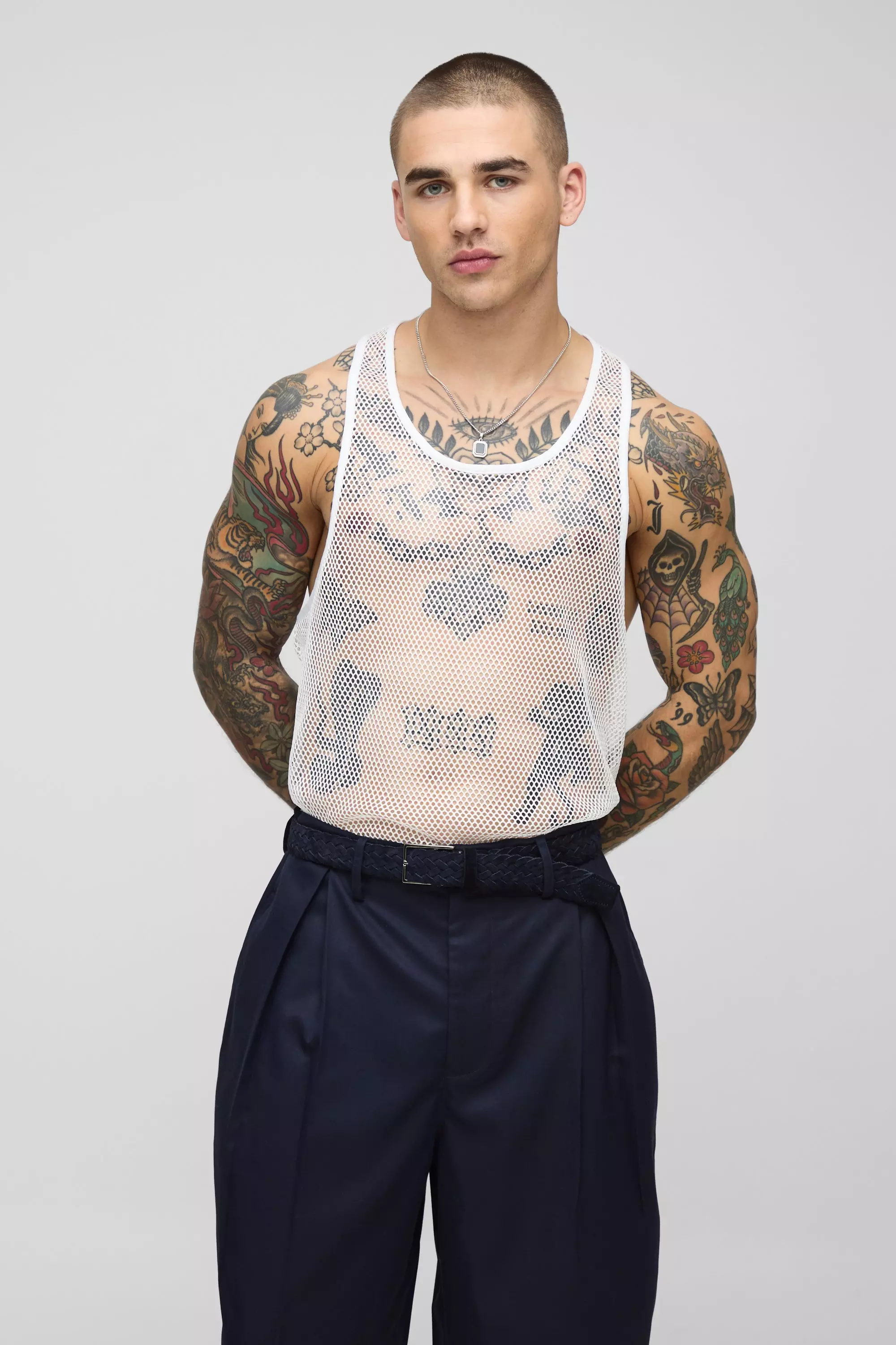 Regular Fit Longline Netted Mesh Undershirt | boohooMAN USA