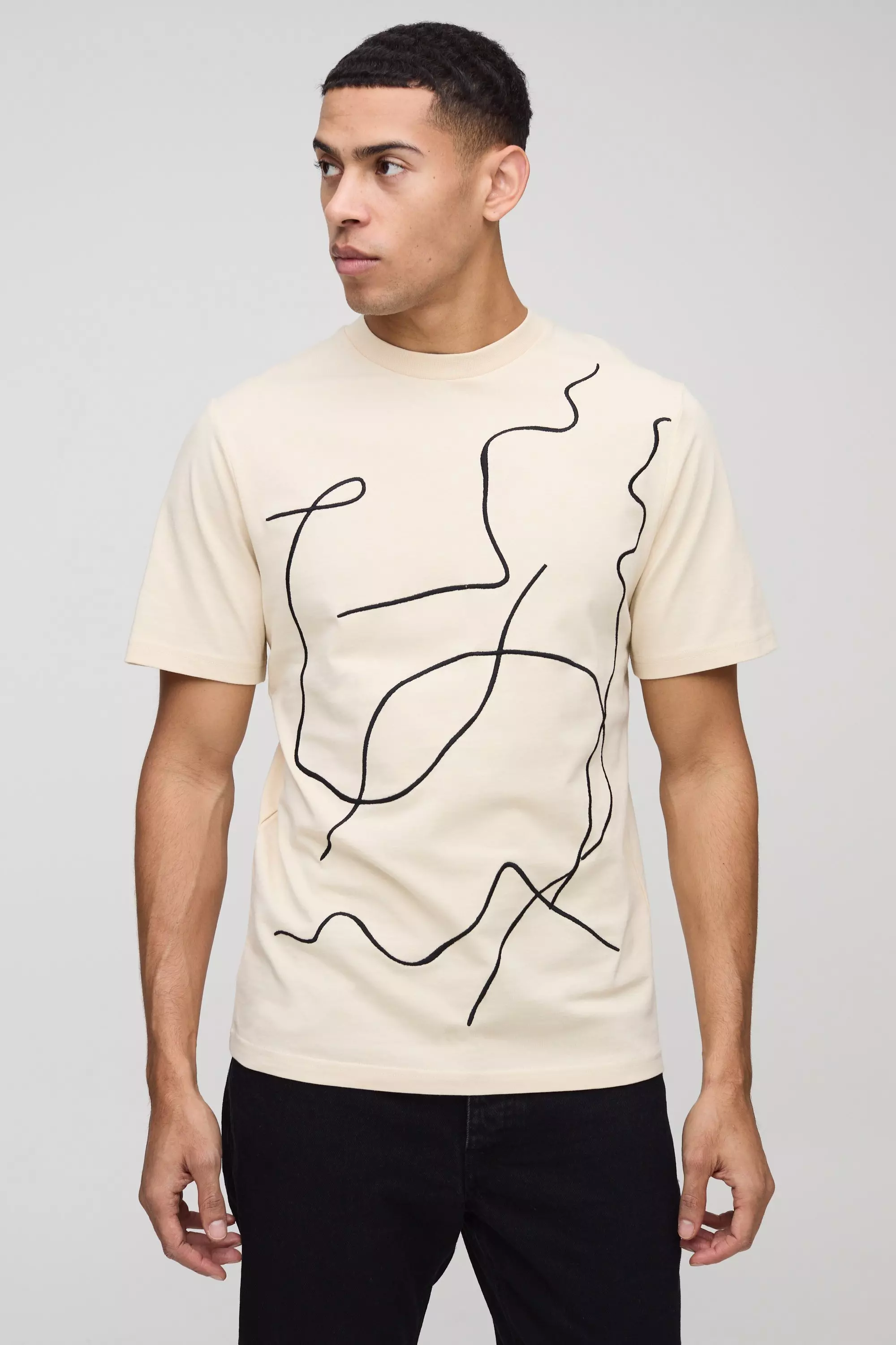 T-Shirt Con Ricamo A Linee A Contrasto E Cuciture, Stone immagine alternativa