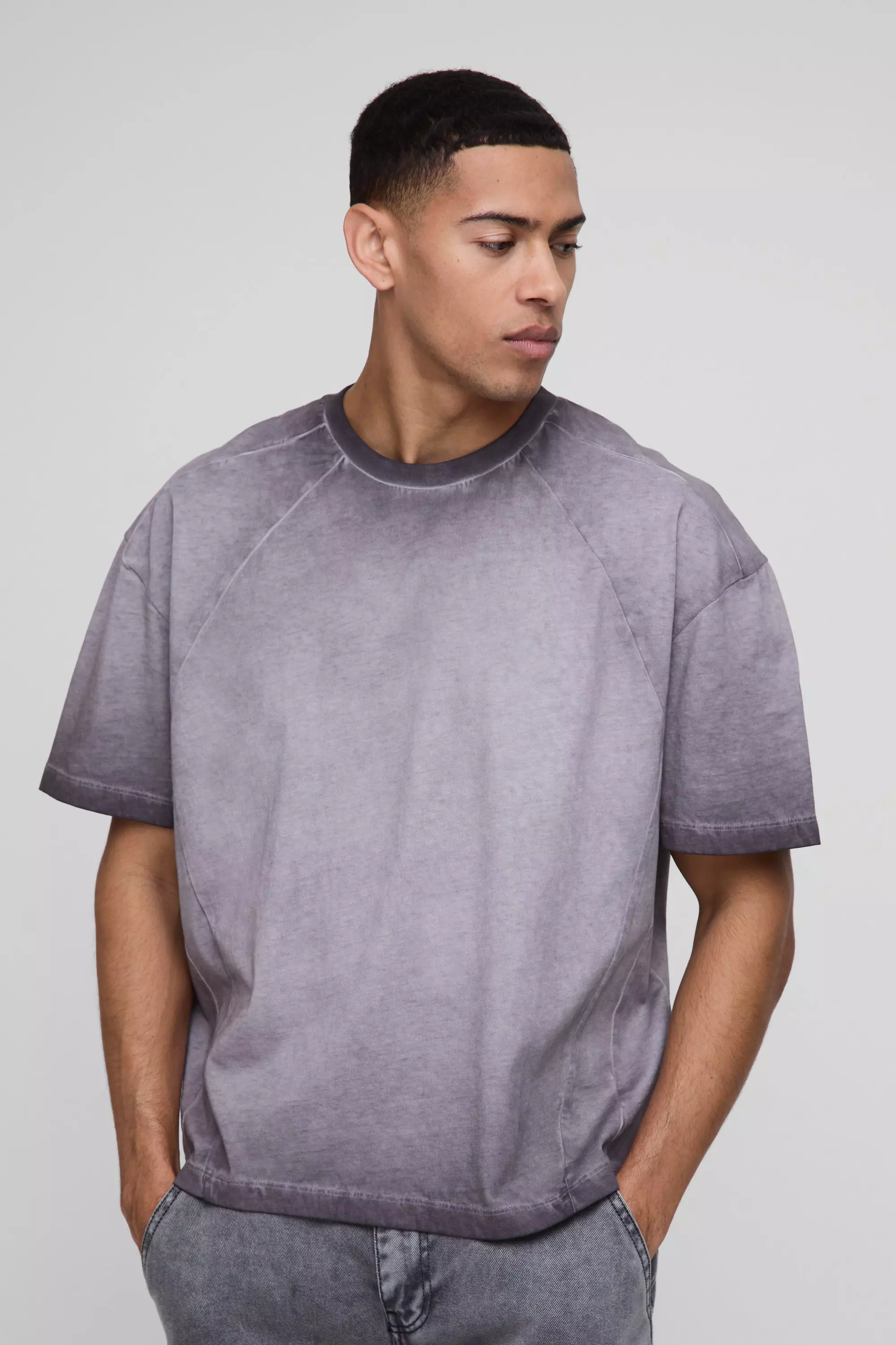 Charcoal Oversized Boxy Panelled Acid Wash T-Shirt alternative image