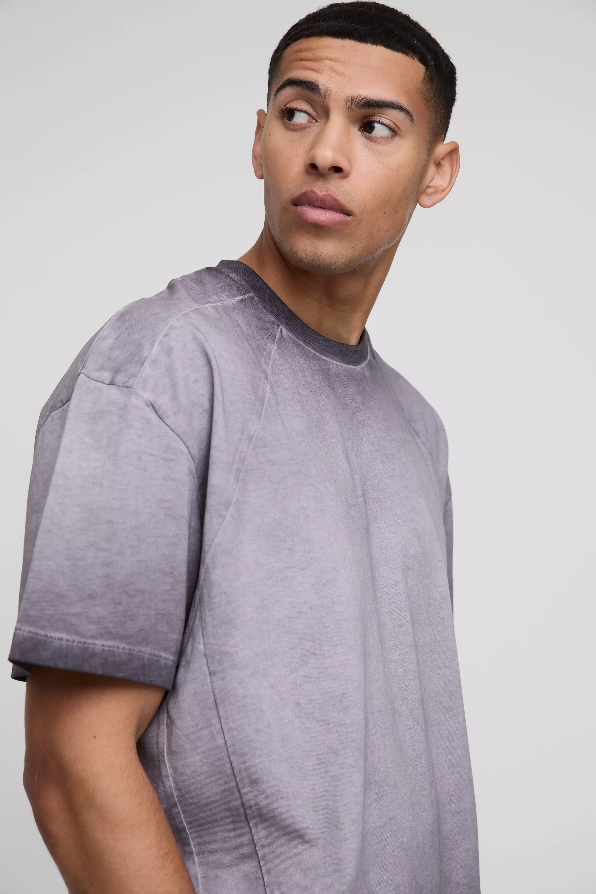 Charcoal Oversized Boxy Panelled Acid Wash T-Shirt alternative image