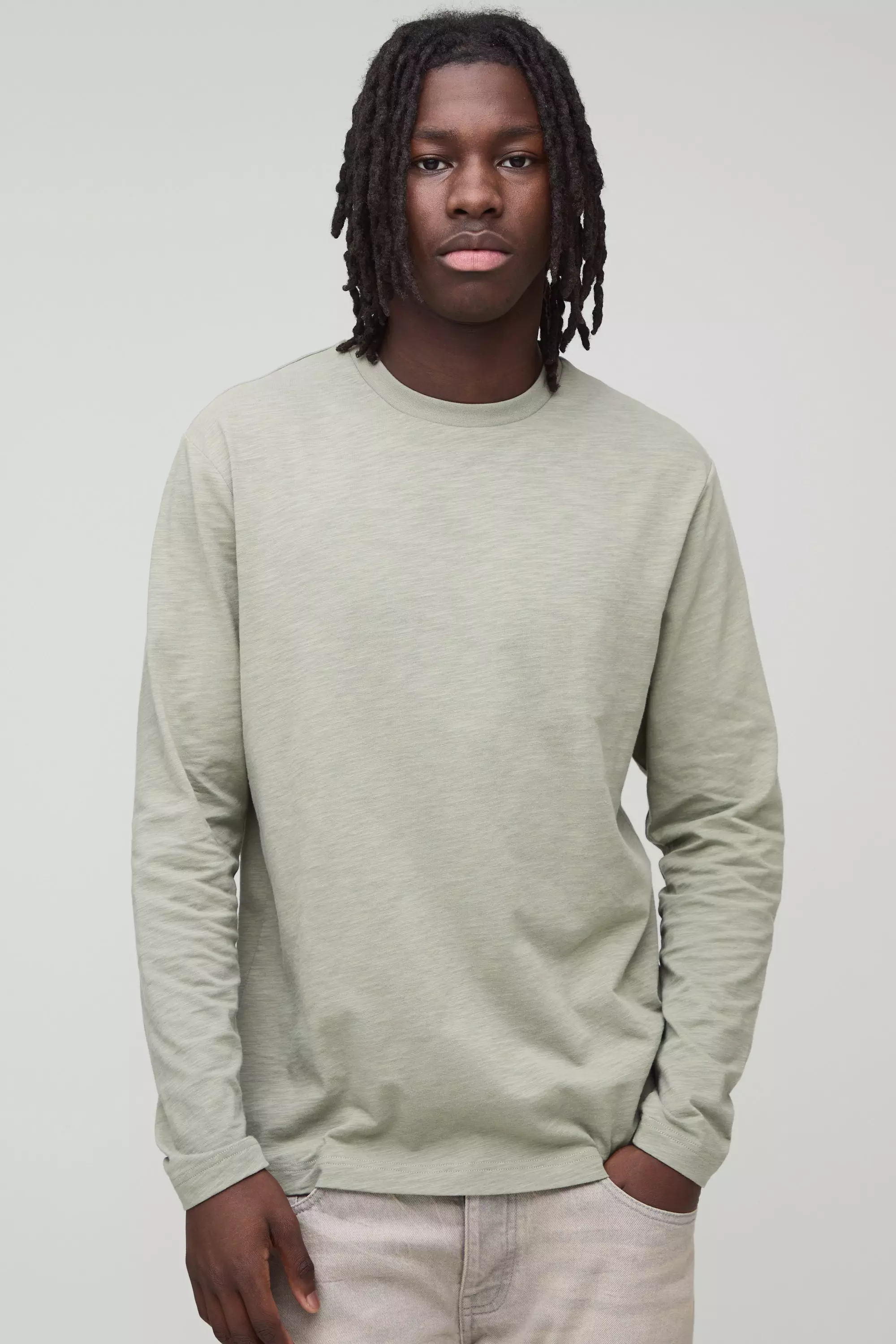 Khaki Slub T-Shirt Met Lange Mouwen alternatieve afbeelding