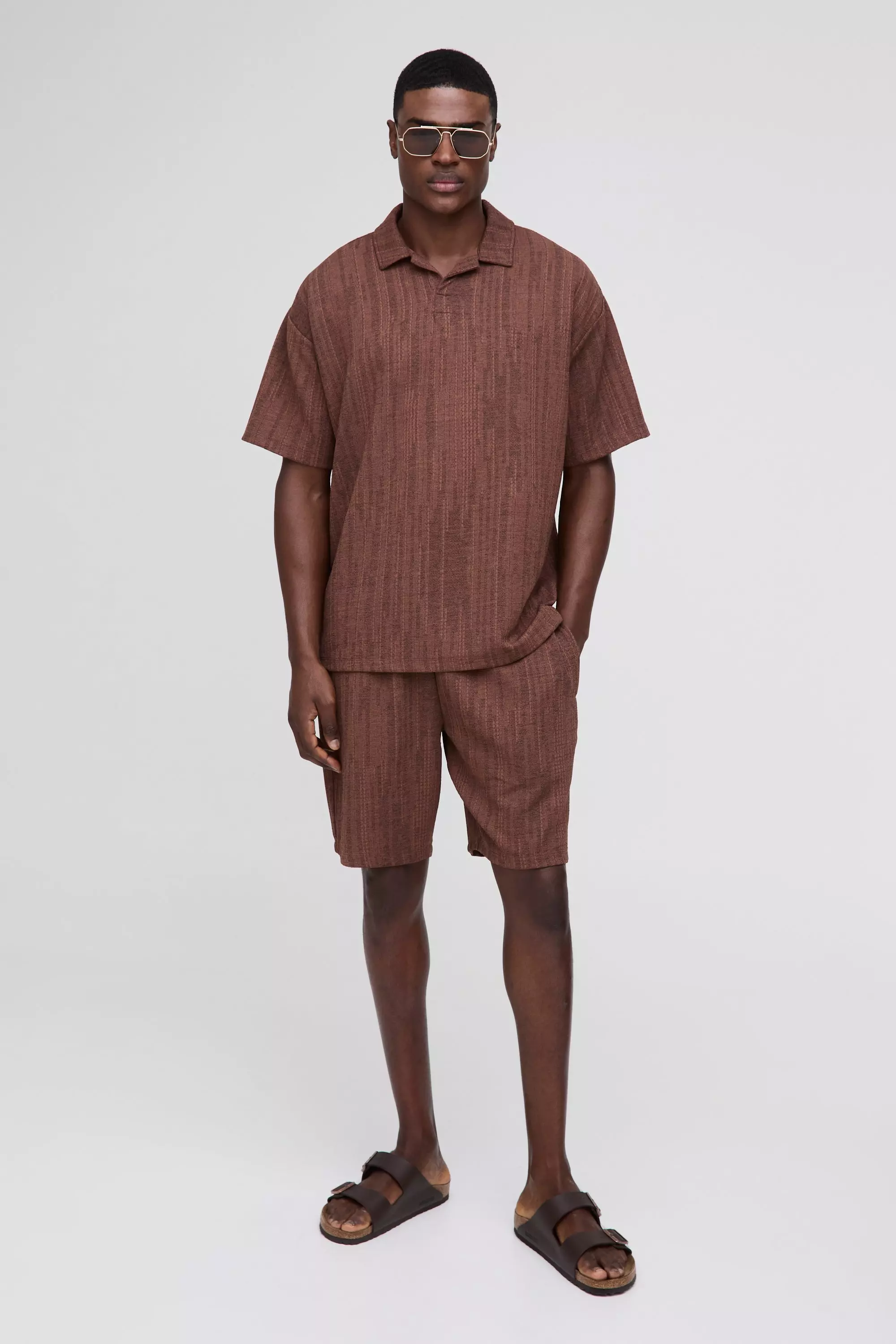 Brown Oversized Textured Marl Revere Polo Shorts Set alternative image