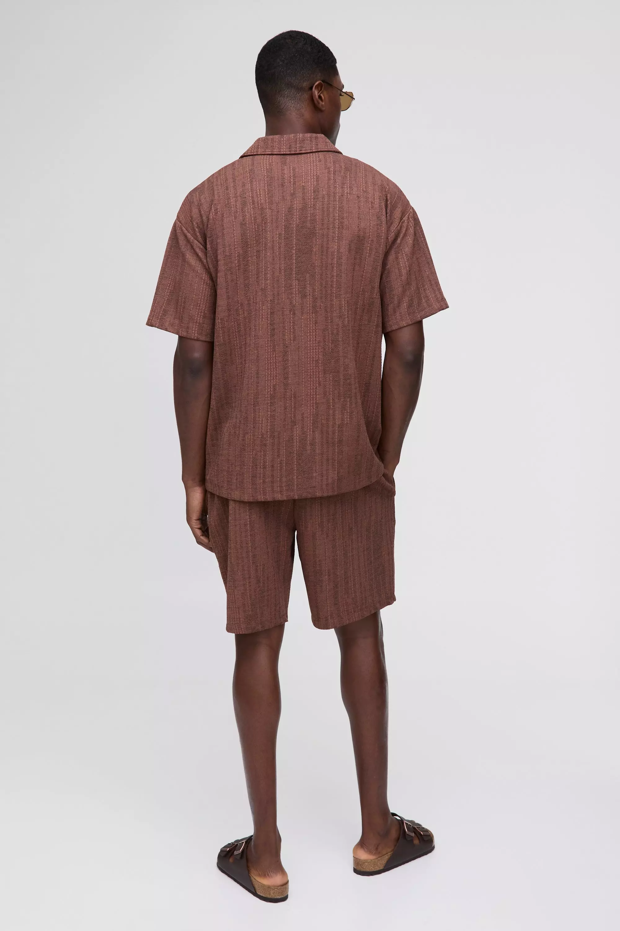 Brown Oversized Textured Marl Revere Polo Shorts Set alternative image