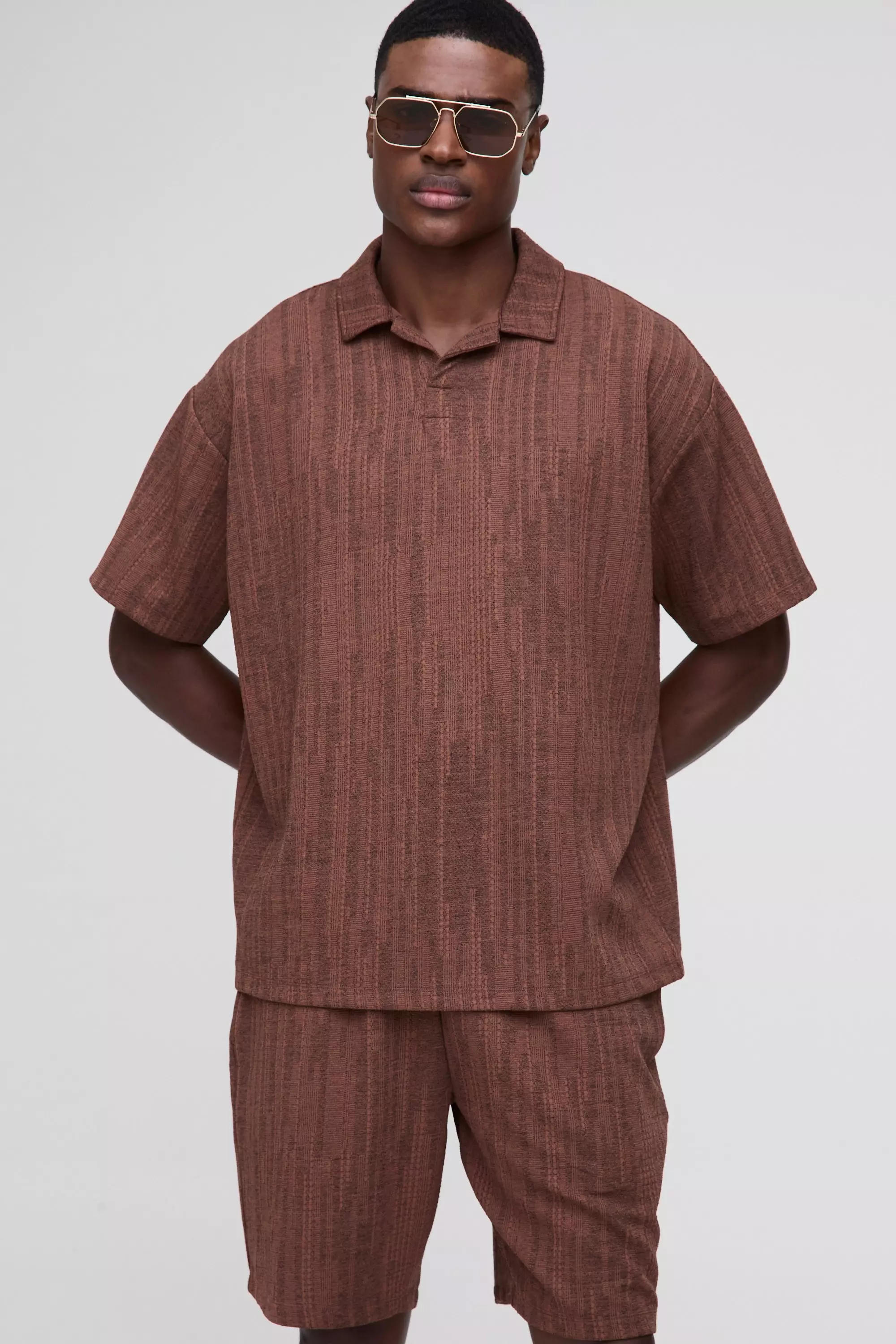 Brown Oversized Textured Marl Revere Polo Shorts Set alternative image