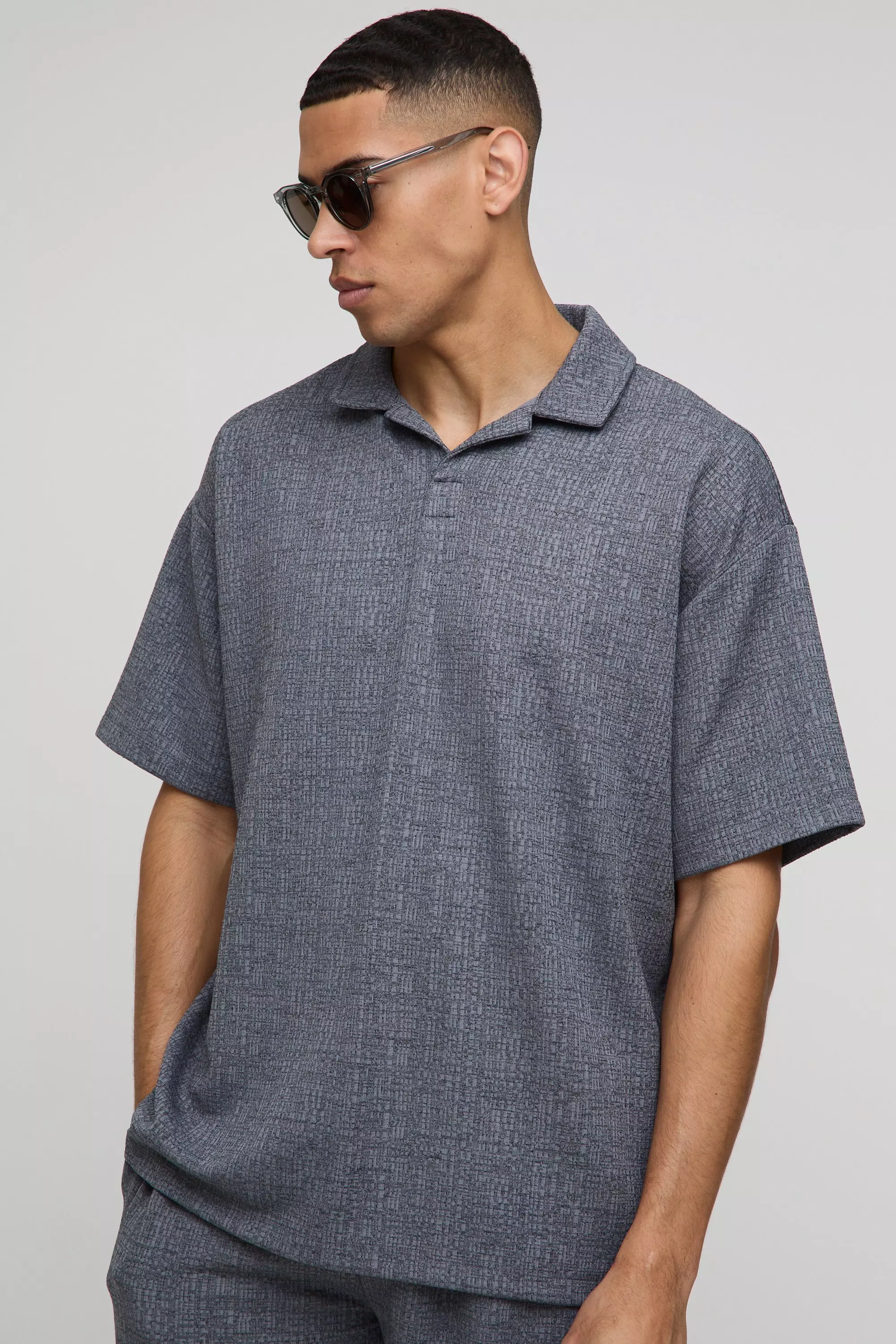 Oversized Textured Stripe Revere Polo Charcoal