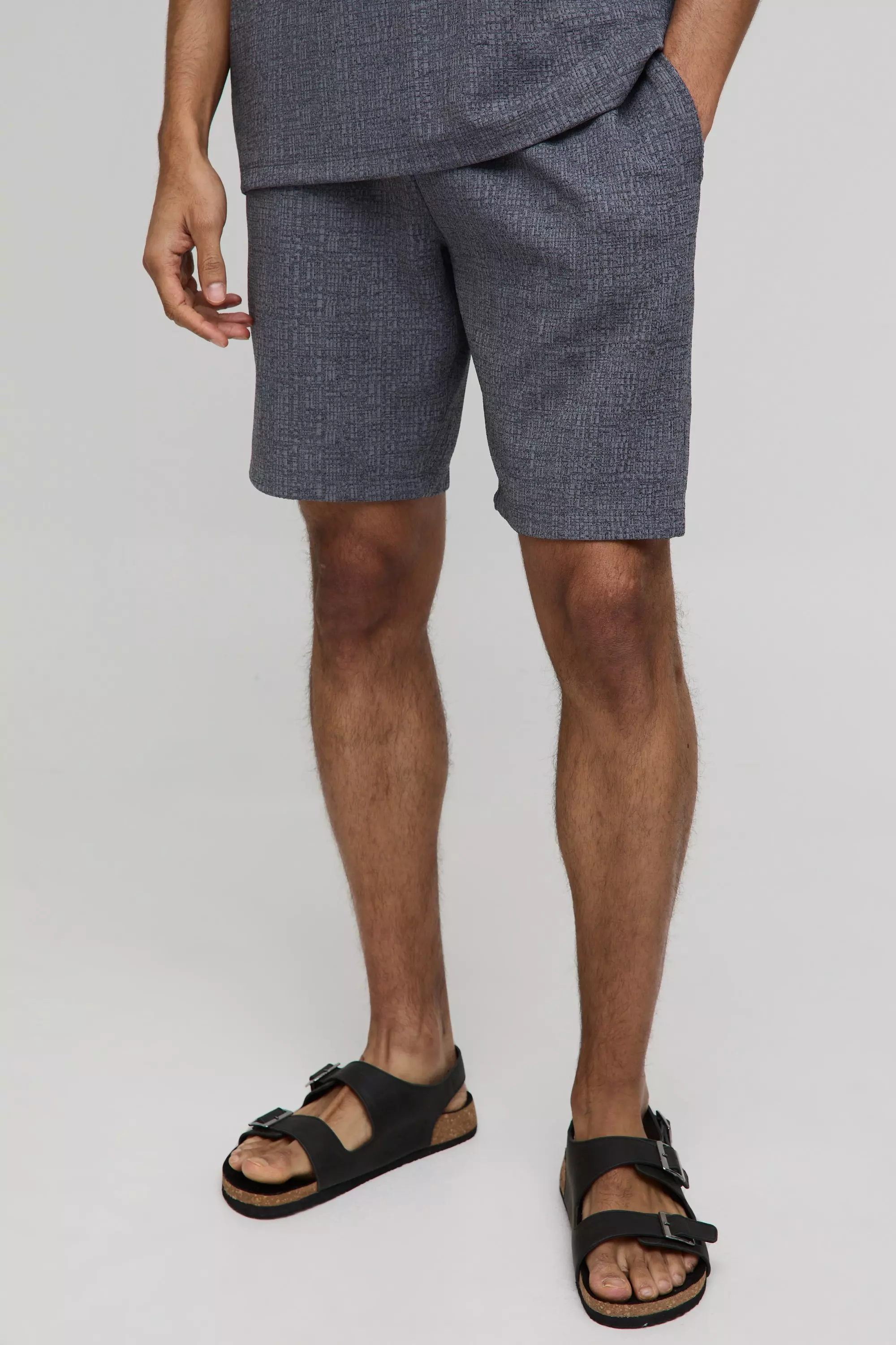 Charcoal Relaxed Mid Length Textured Stripe Shorts alternative image
