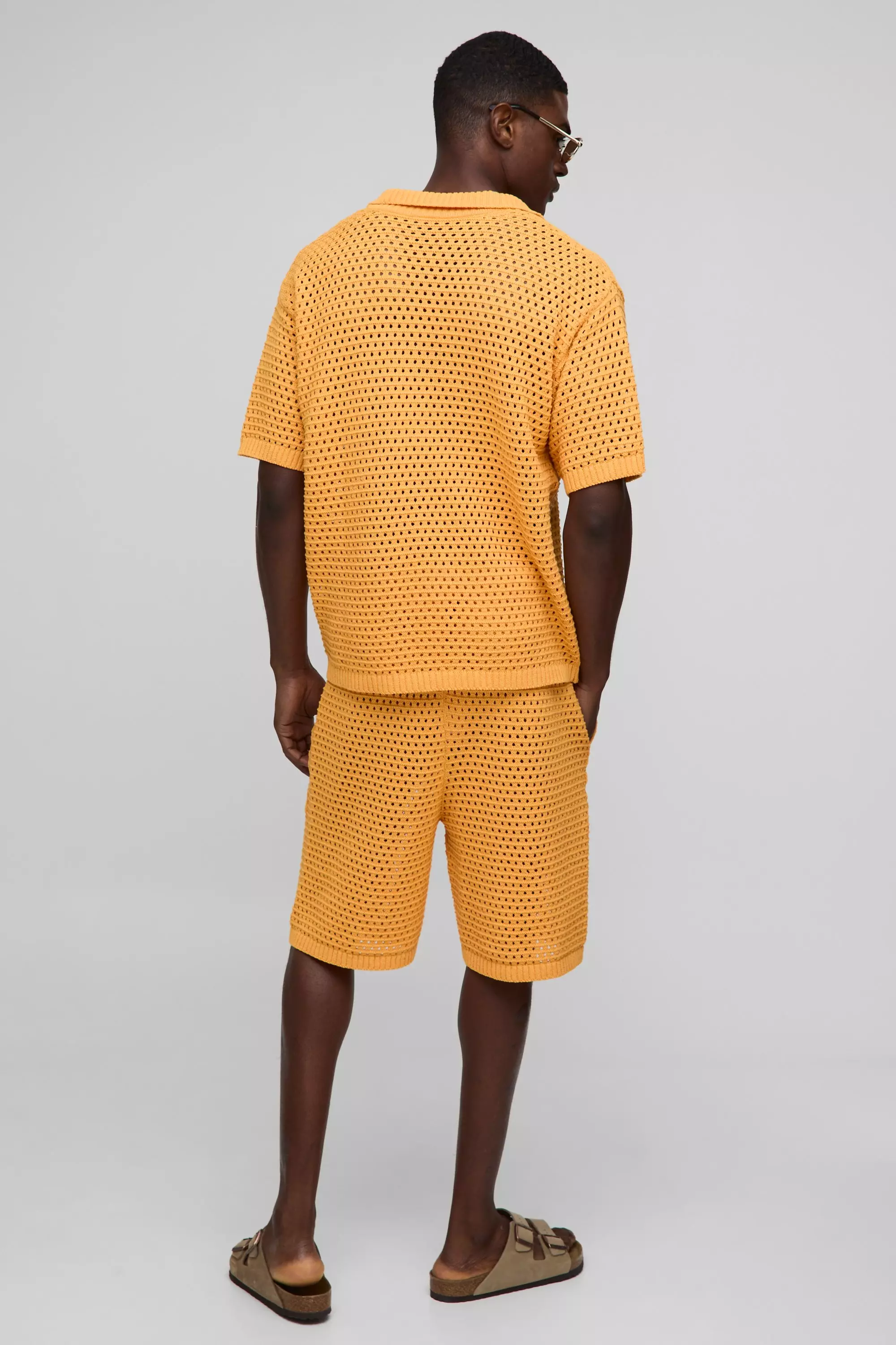 Oversized Open Stitch Extended Placket Knitted Polo Set
