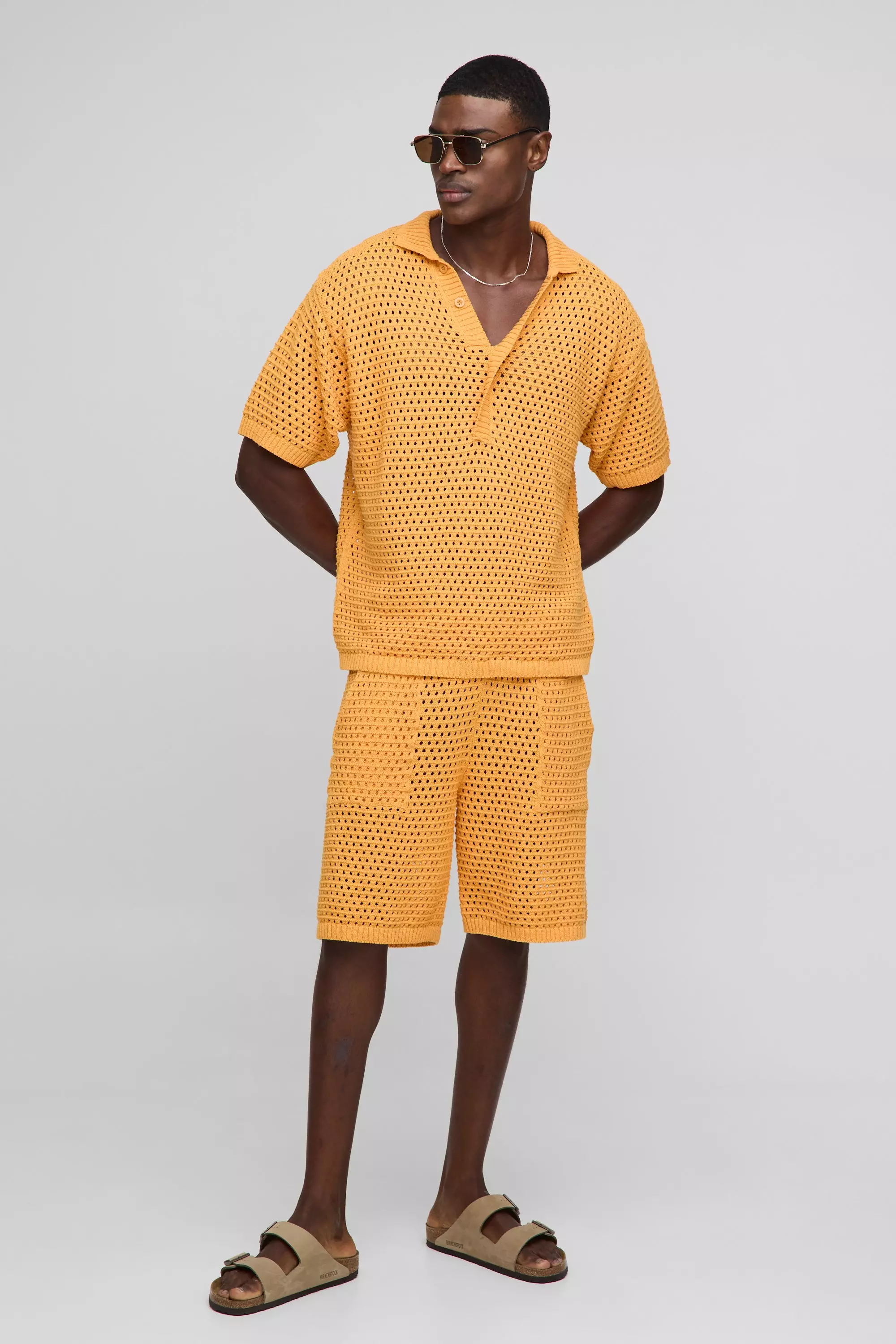 Oversized Open Stitch Extended Placket Knitted Polo Set
