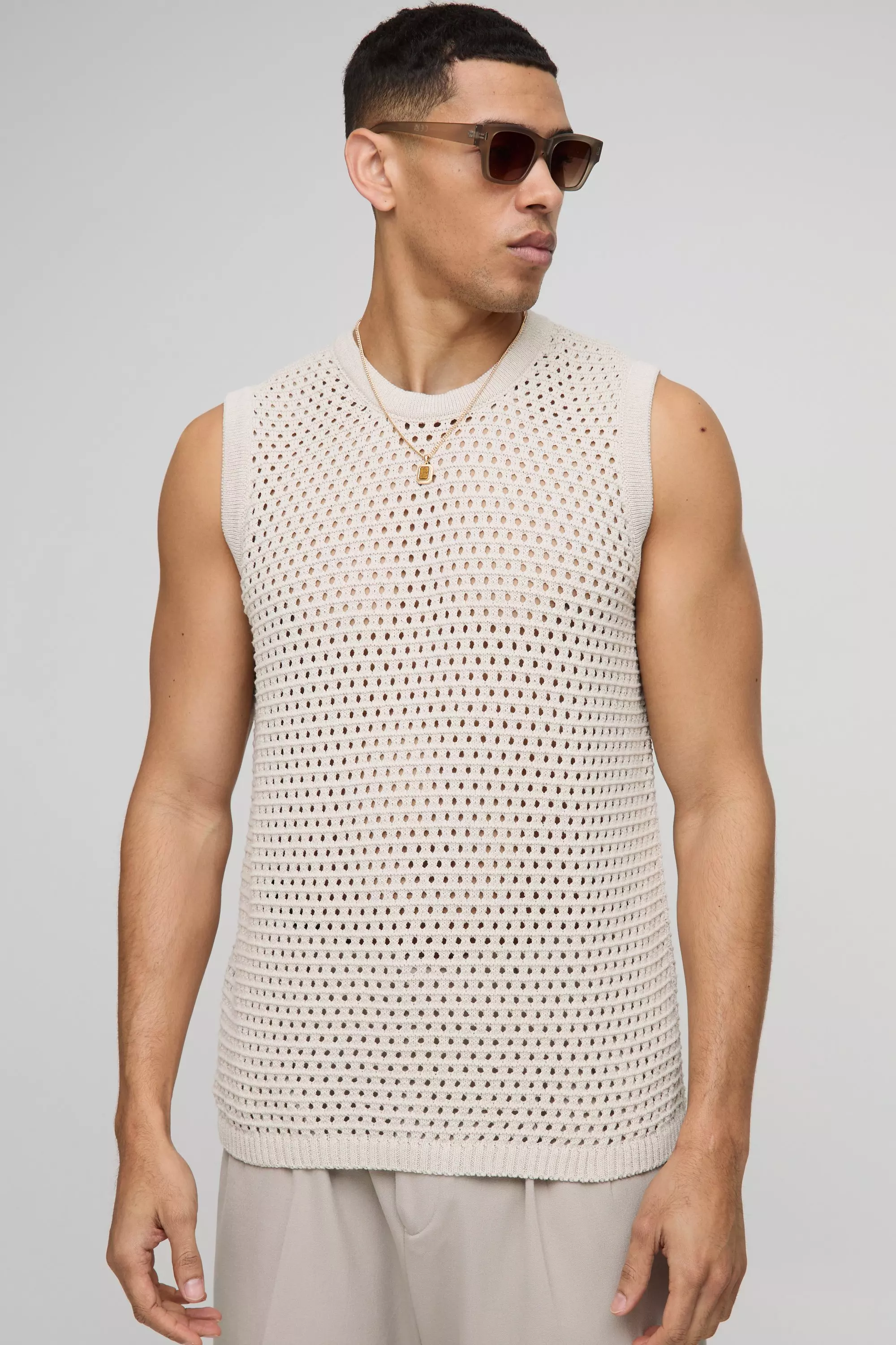 Regular Fit Open Stitch Knitted Vest | boohooMAN USA