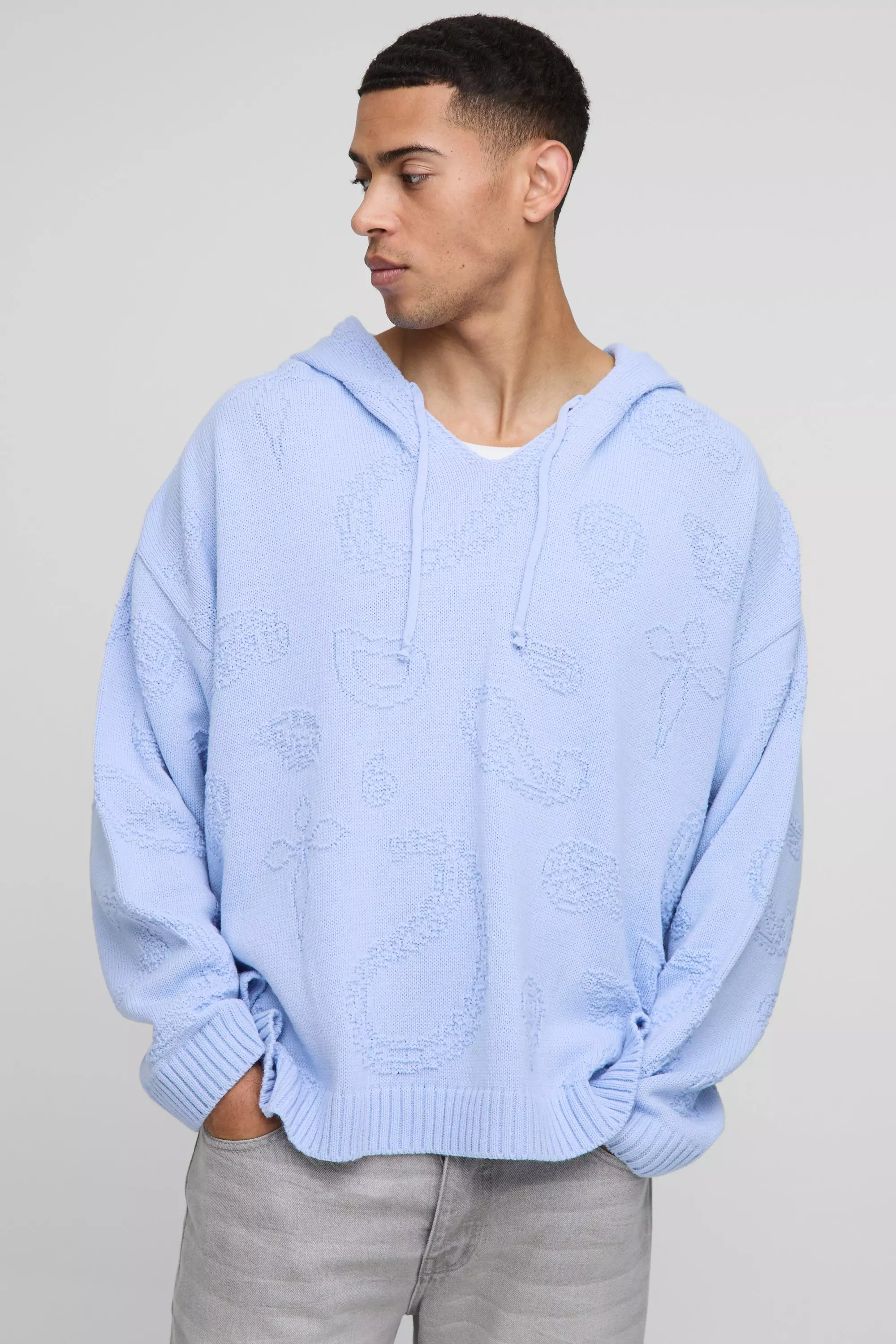 Light blue Oversized Paisley V Neck Knitted Hoodie alternative image