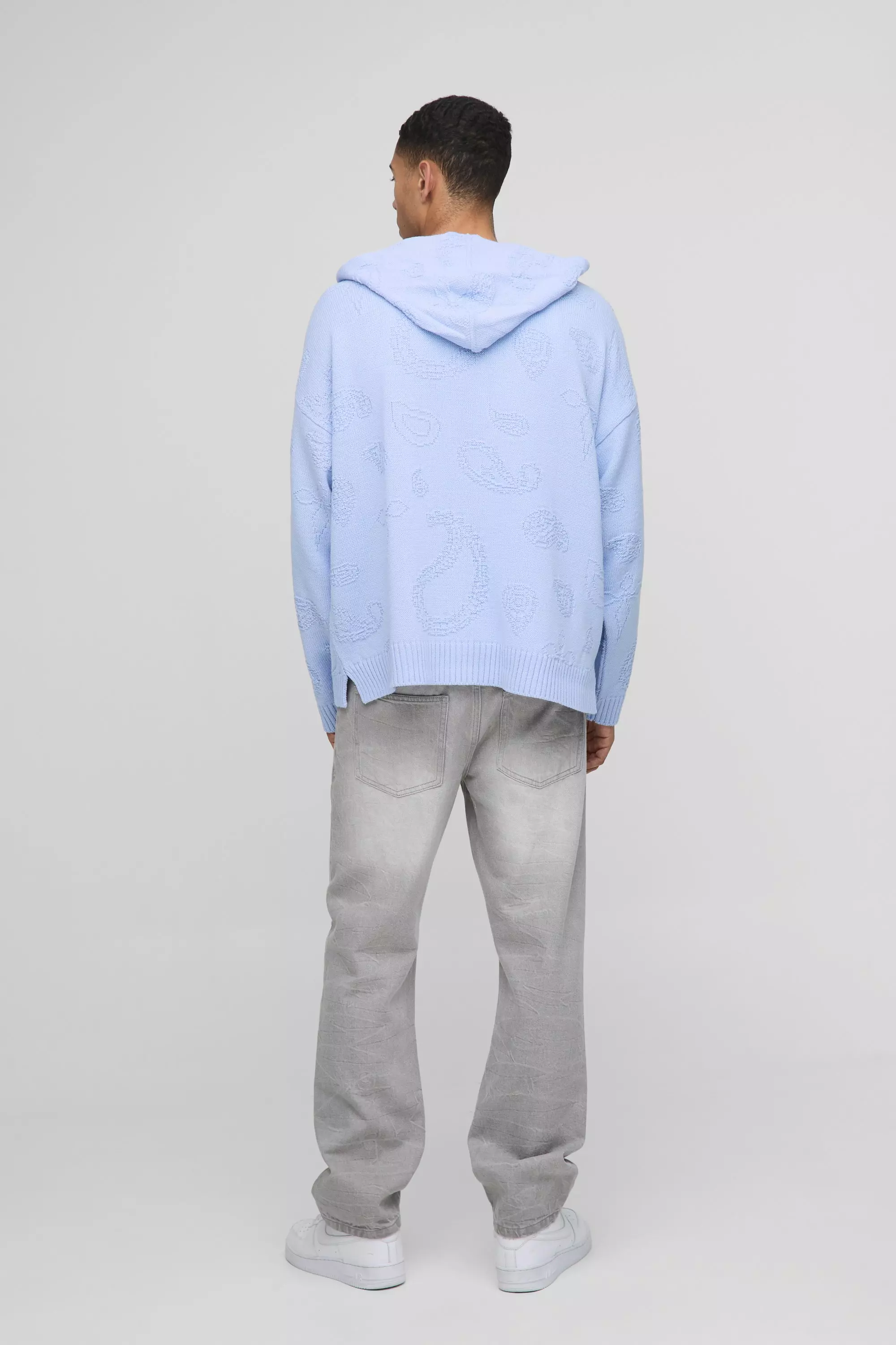 Light blue Oversized Paisley V Neck Knitted Hoodie alternative image