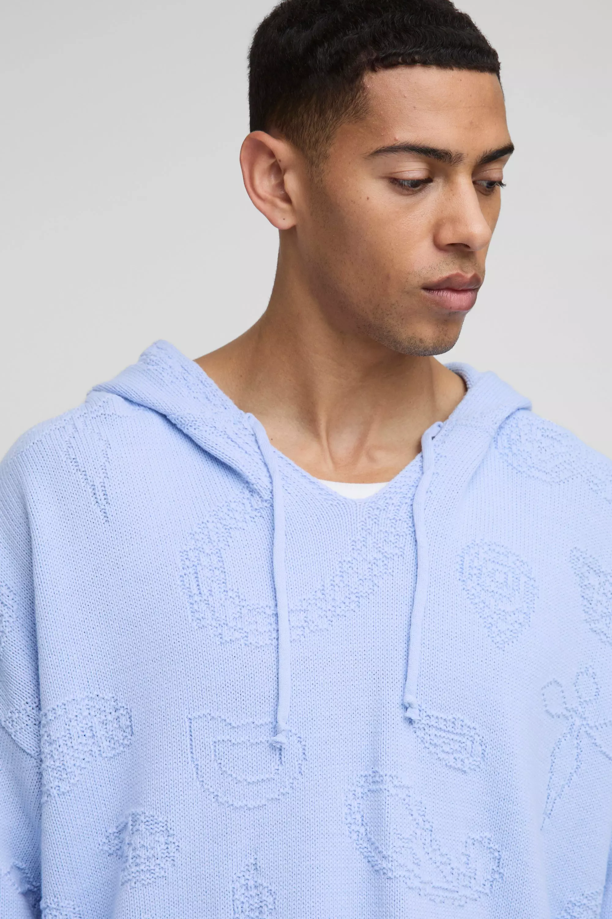 Light blue Oversized Paisley V Neck Knitted Hoodie alternative image