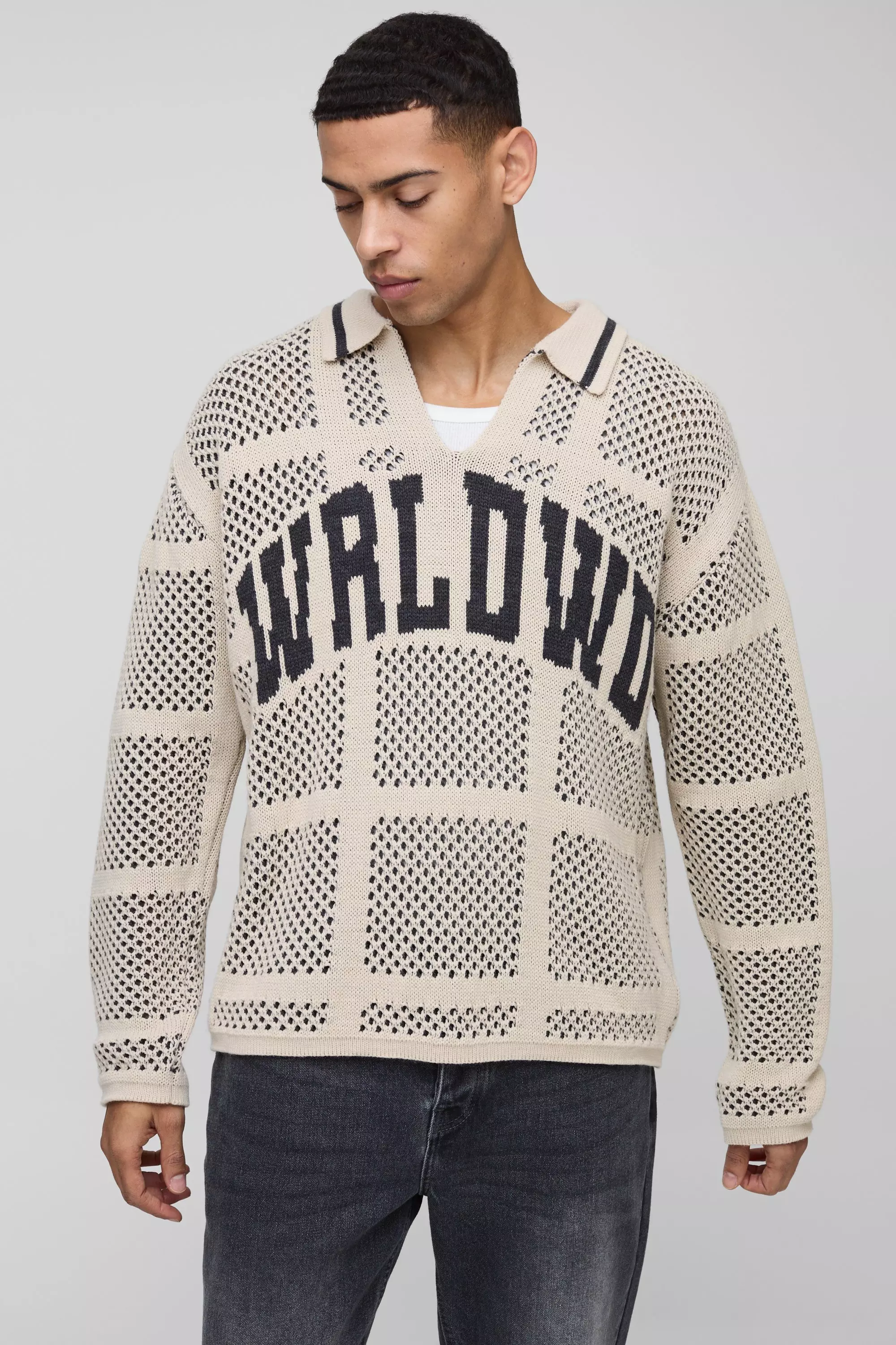 Oversize Poloshirt in Häkeloptik, Ecru alternatives Bild