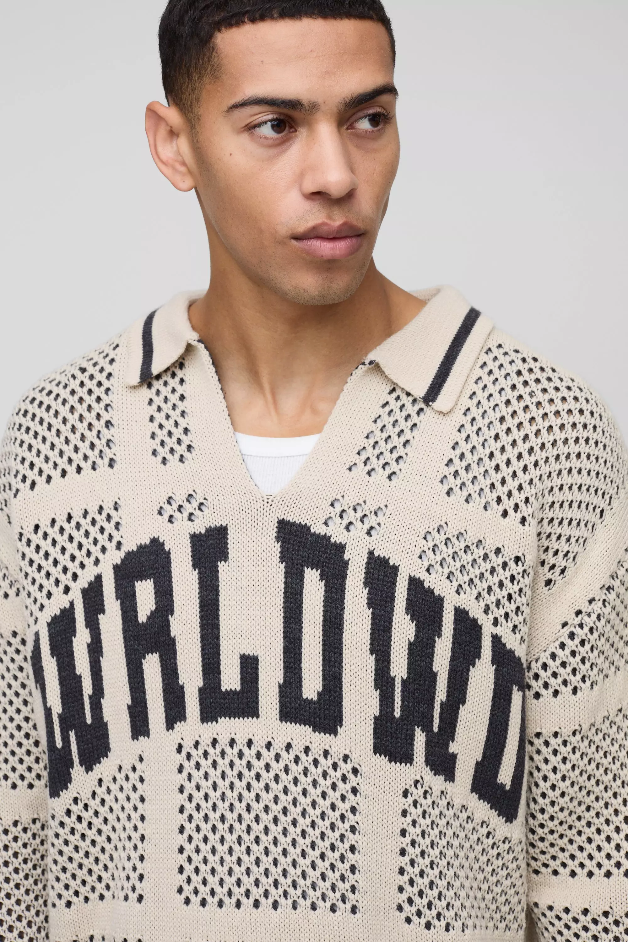 Oversize Poloshirt in Häkeloptik, Ecru alternatives Bild
