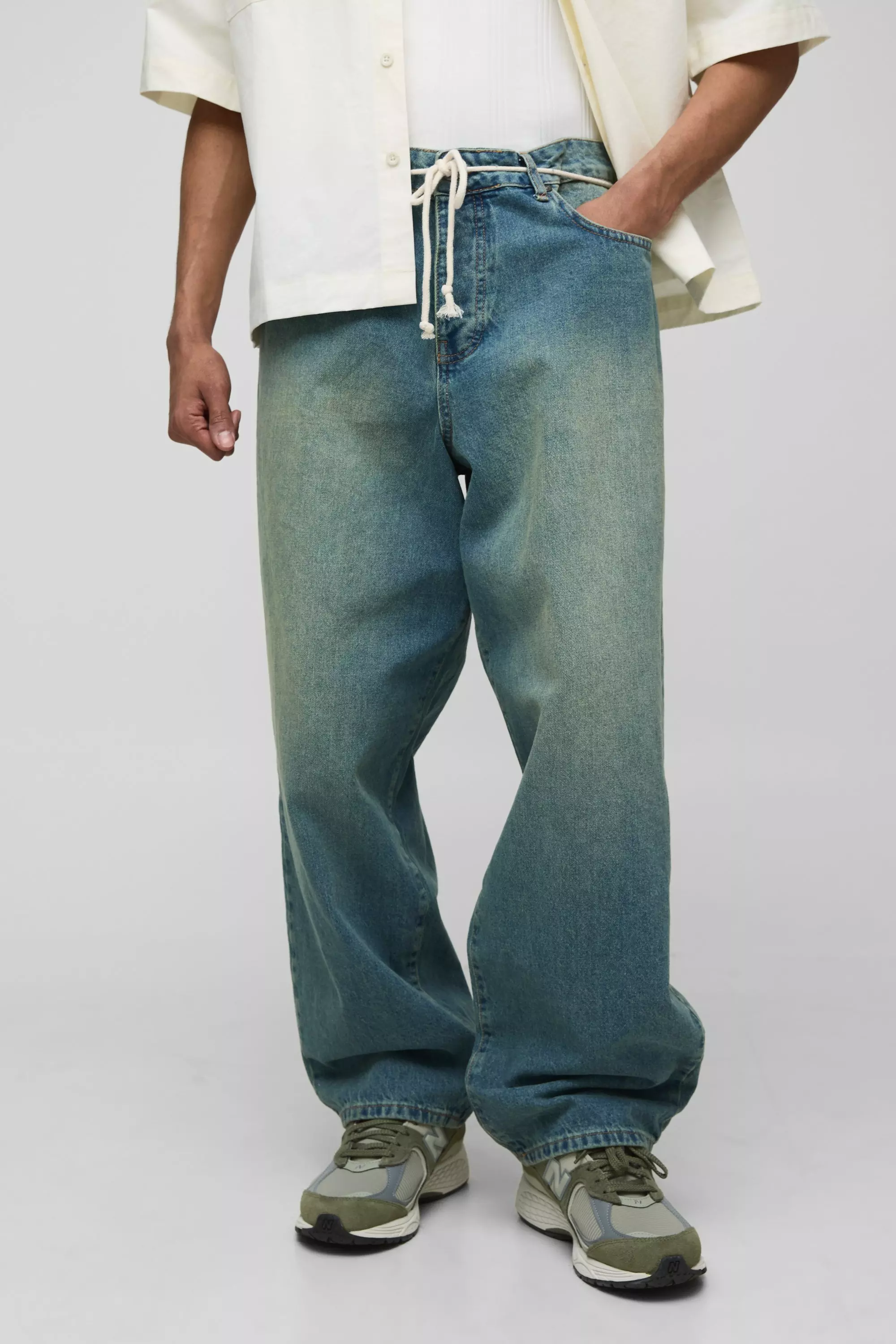 Balloon Fit Antique Tinted Rope Belt Jeans | boohooMAN USA