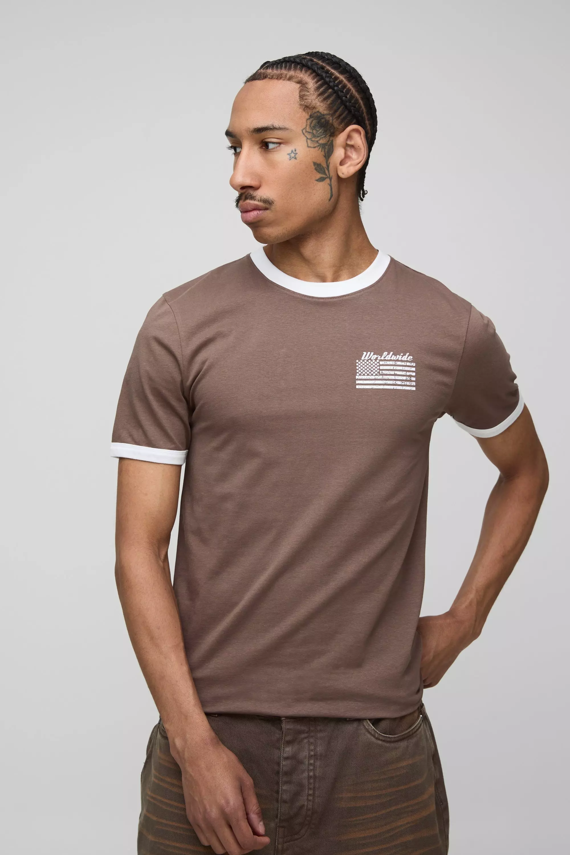 Muscle Fit USA Ringer T-Shirt Brown