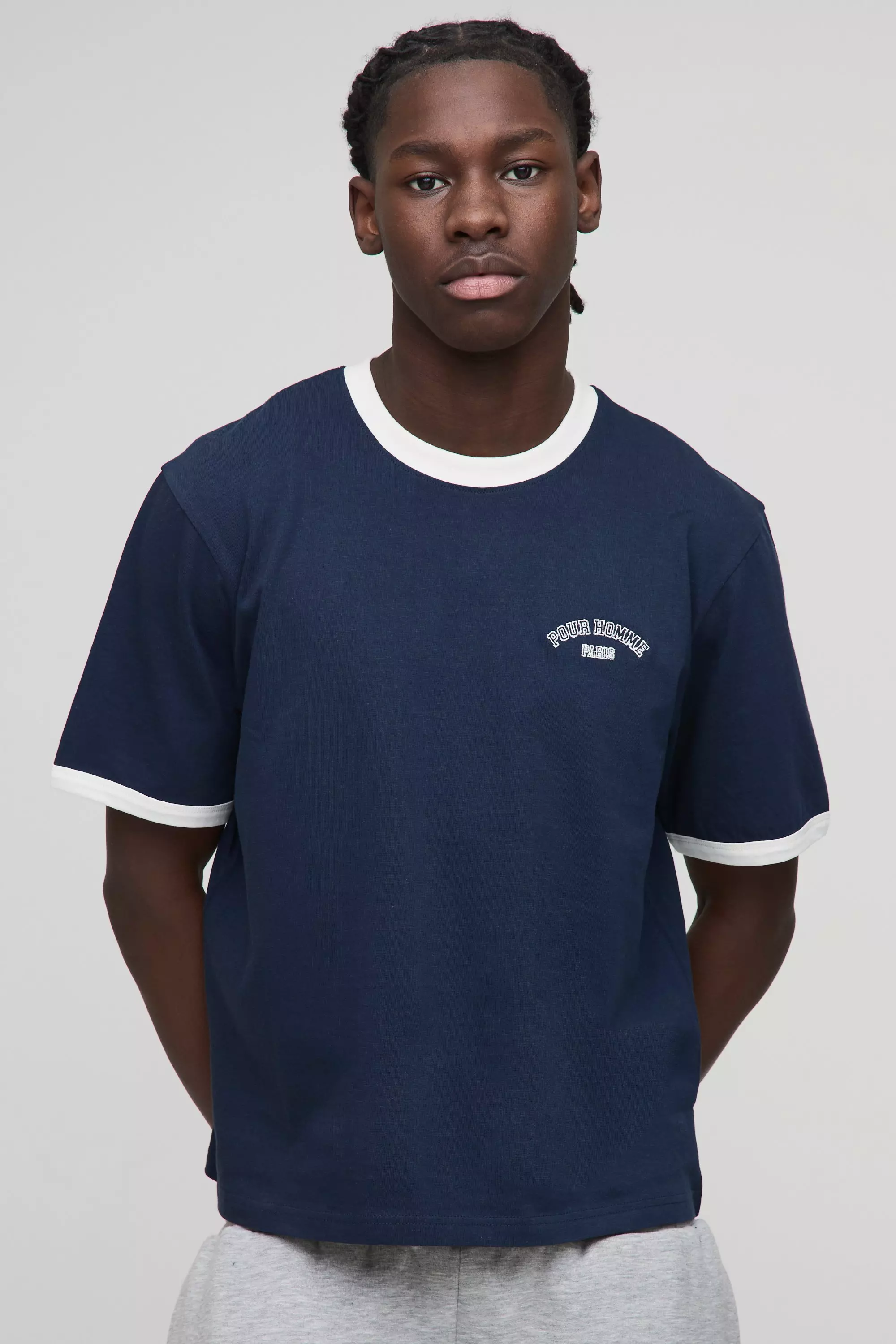 Navy Boxy Fit Homme Ringer T-Shirt