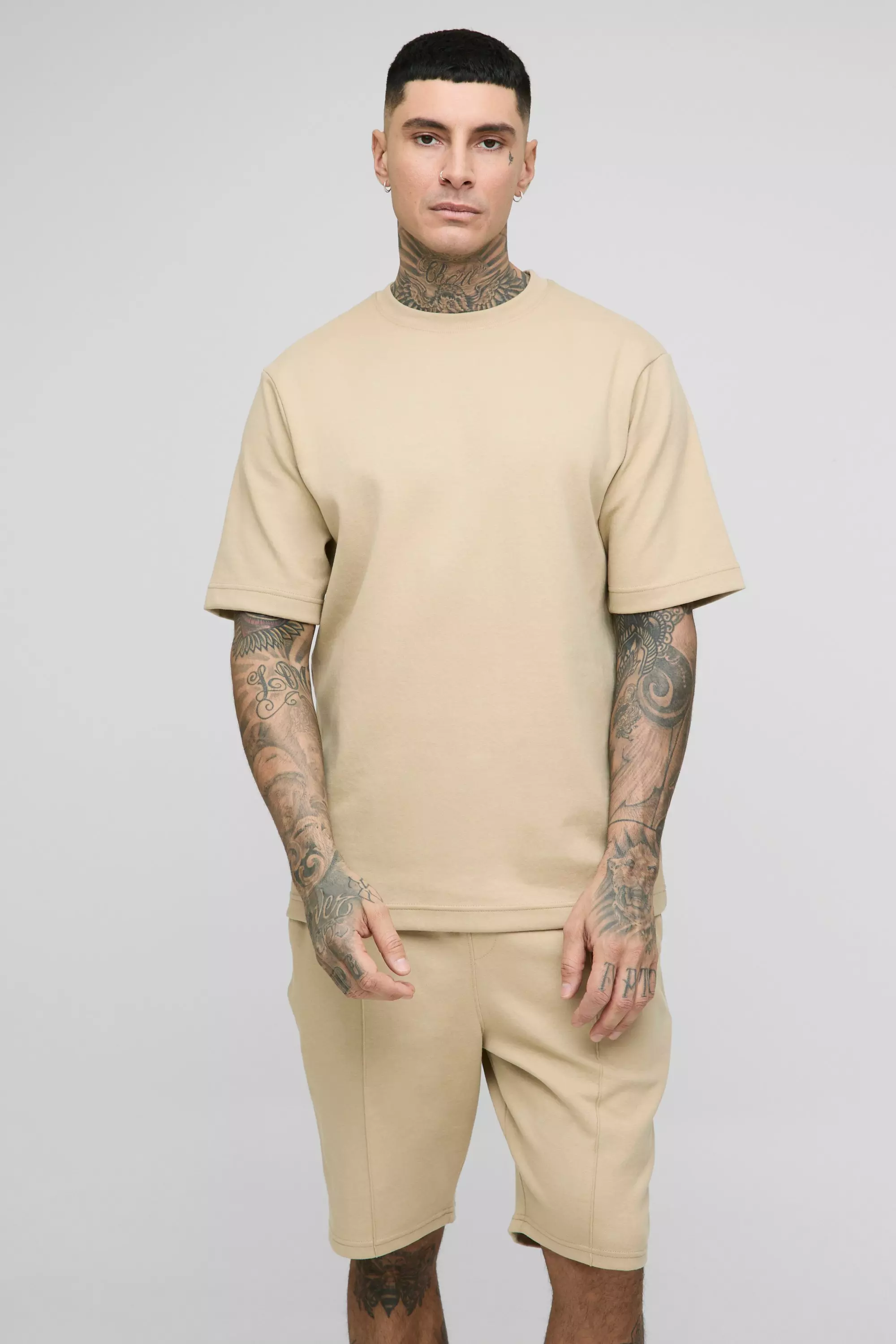 Tall - Ensemble à surpiqûres avec t-shirt et short, Stone autre image