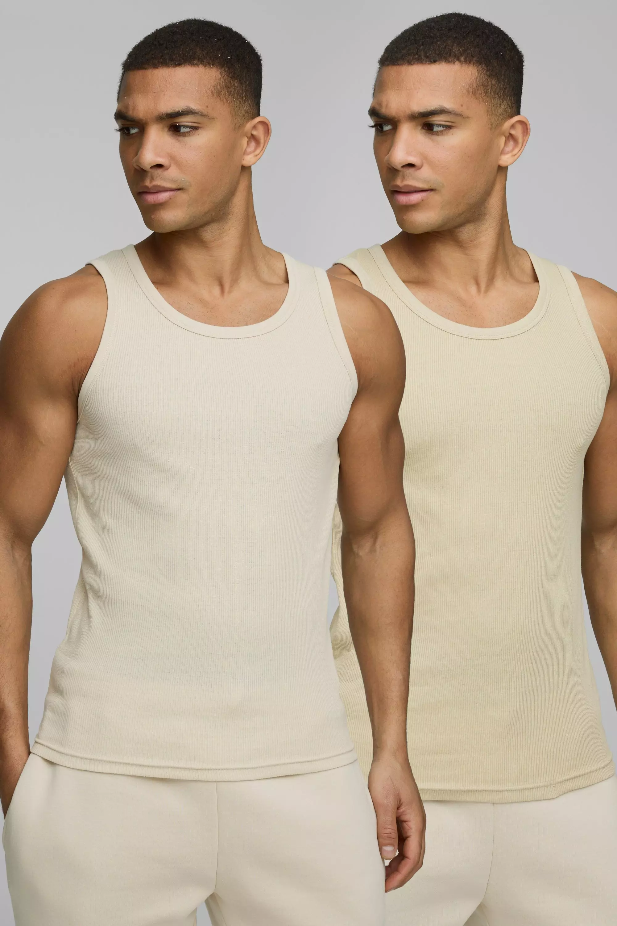 2 Pack Muscle Fit Ribbed Basic Vests Multi