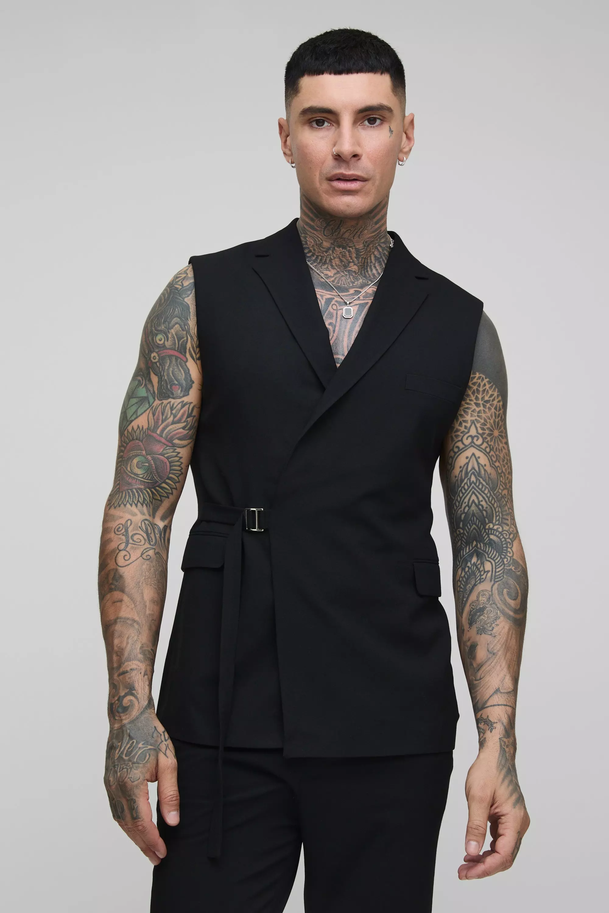 Black Slim Fit Wrap Detail Sleeveless Suit Jacket alternative image