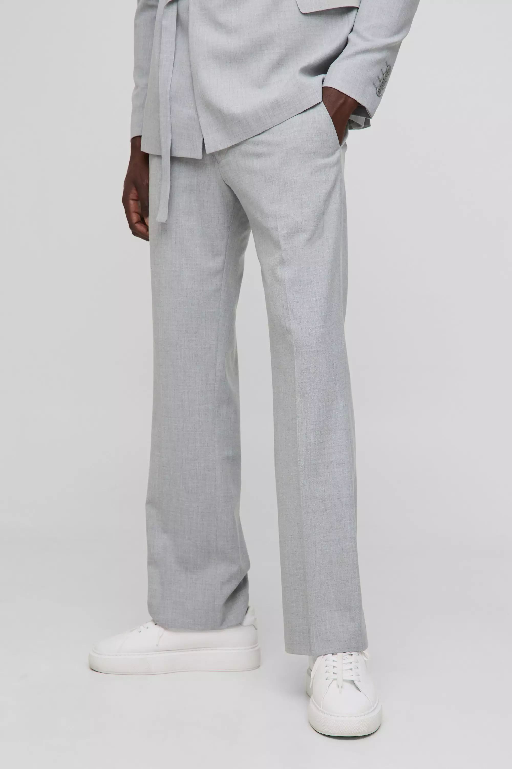 Pantaloni completo Slim Fit a zampa con spilla, fascia in vita fissa, Light grey immagine alternativa