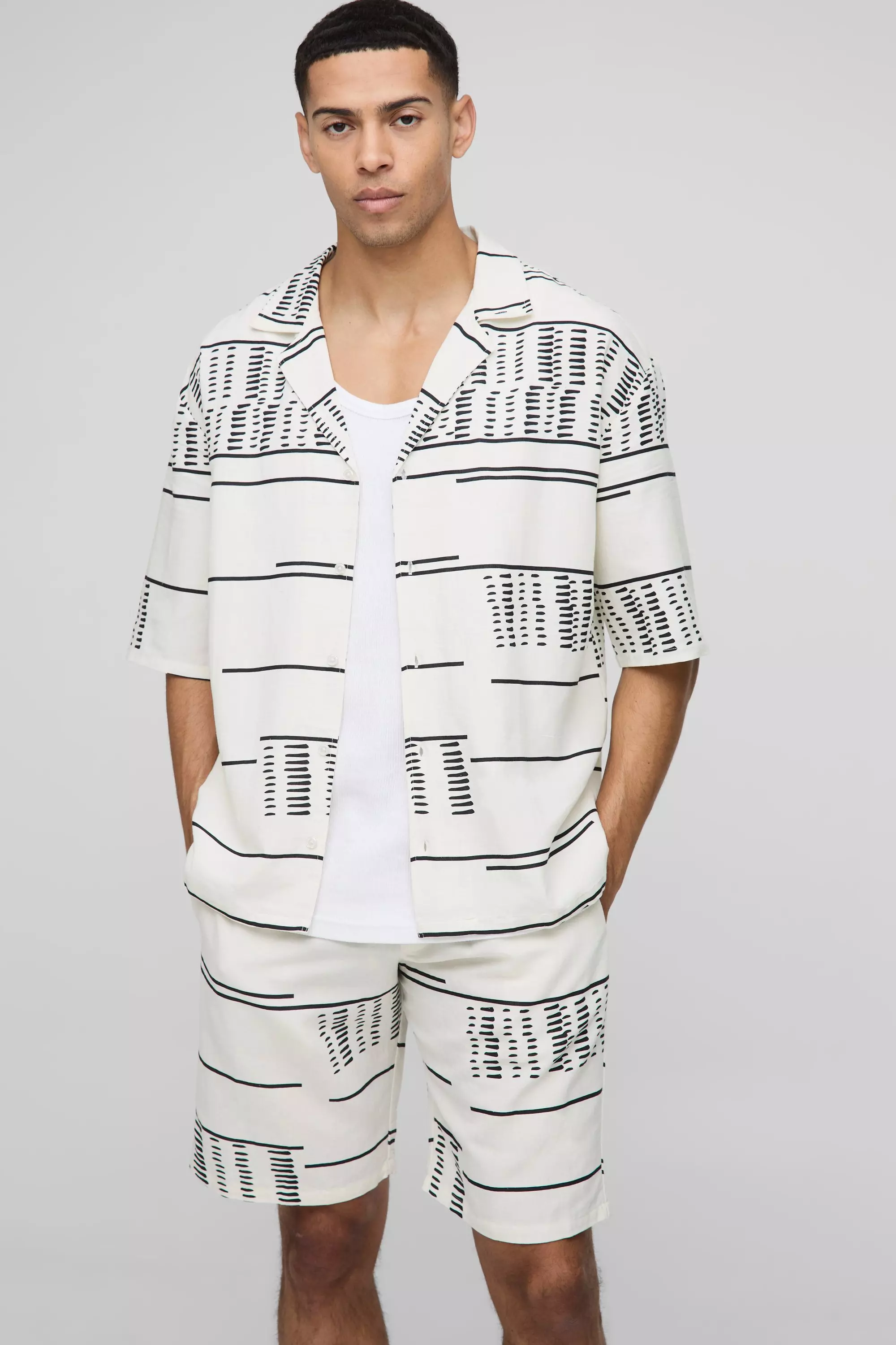 Oversized Drop Revere Printed Linen Blend Shirt & Short Set Ecru