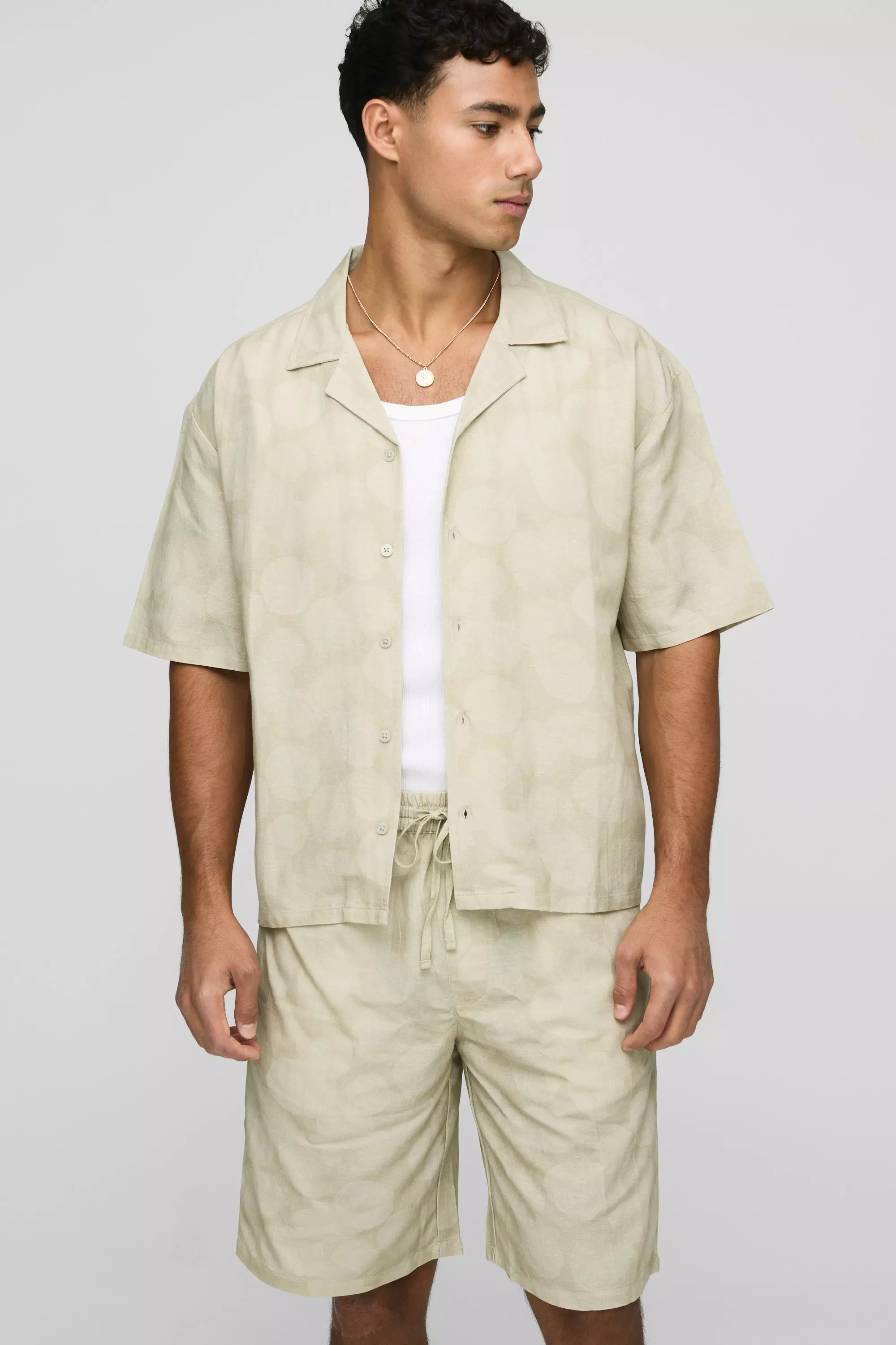 Oversized Printed Linen Blend Shirt & Short Set Natural