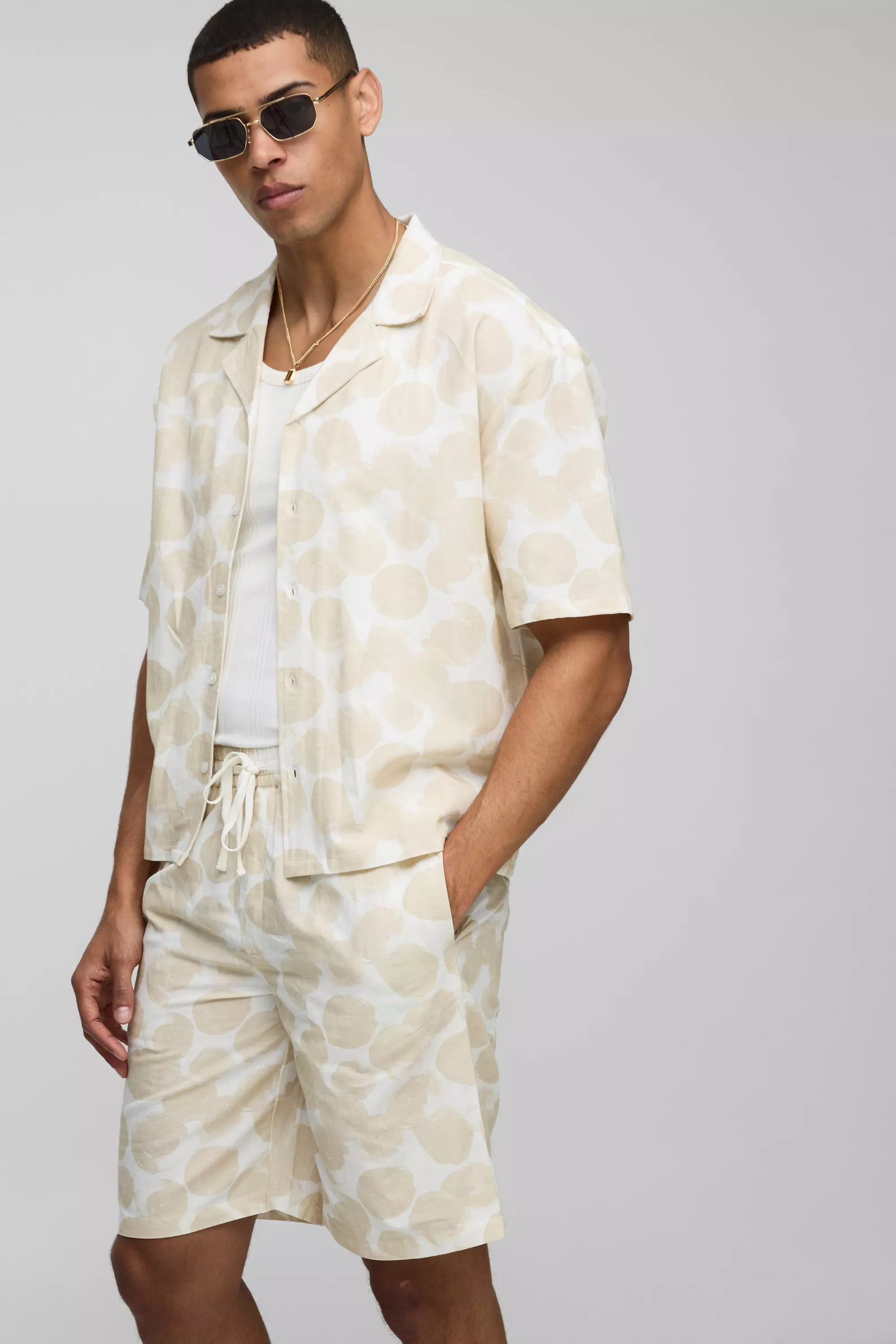 Oversized Printed Linen Blend Shirt & Short Set Stone